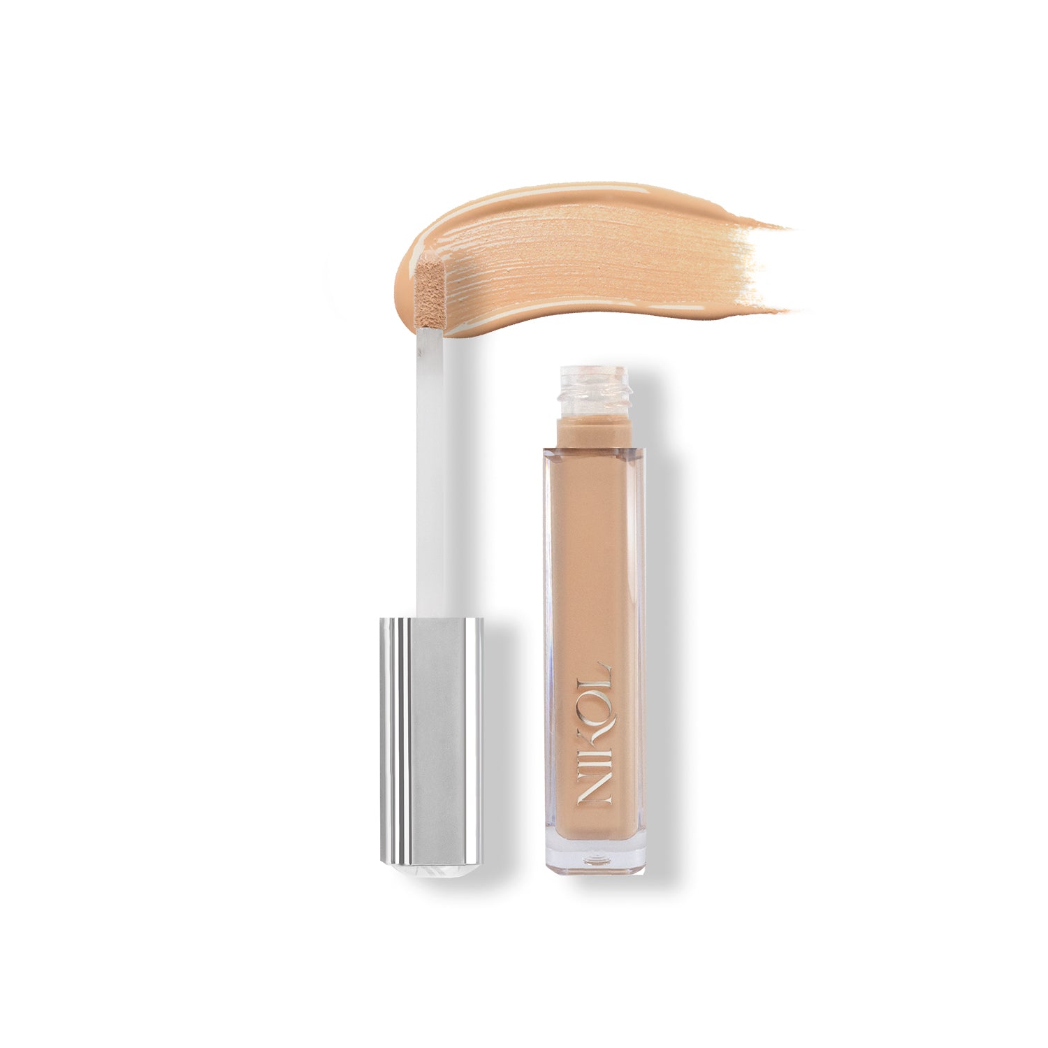 Nikol Beautys Creamy Concealer boasts a sleek silver cap and clear body, epitomizing clean beauty. Its applicator wand displays a cream-colored swatch on white, ensuring high coverage with every application.