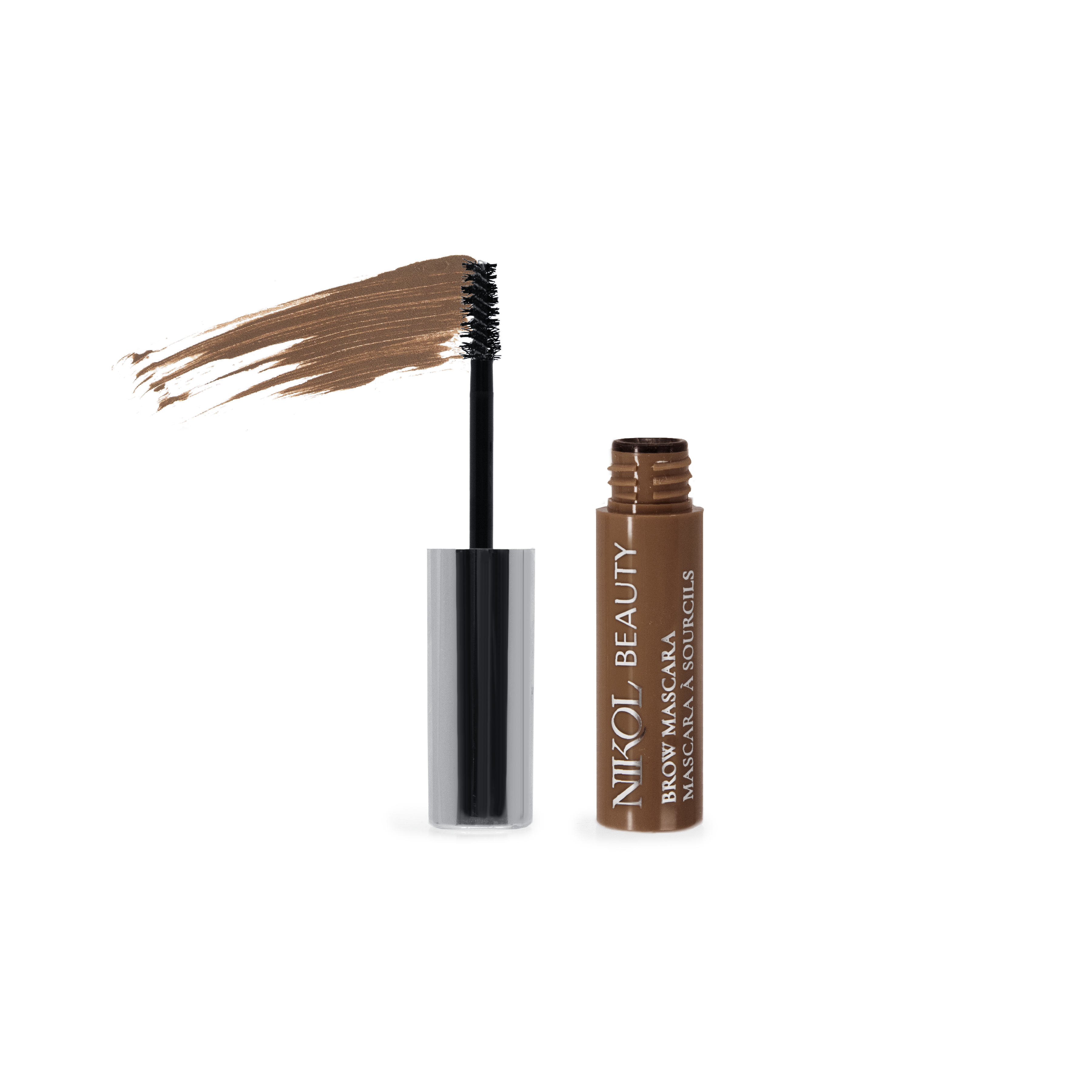 Nikol Beautys Brow Mascara, with its high-pigment formula and brush applicator, defines eyebrows beautifully. The bottle features a Brow Mascara” label and a chic brown cap, making it ideal for beauty enthusiasts.