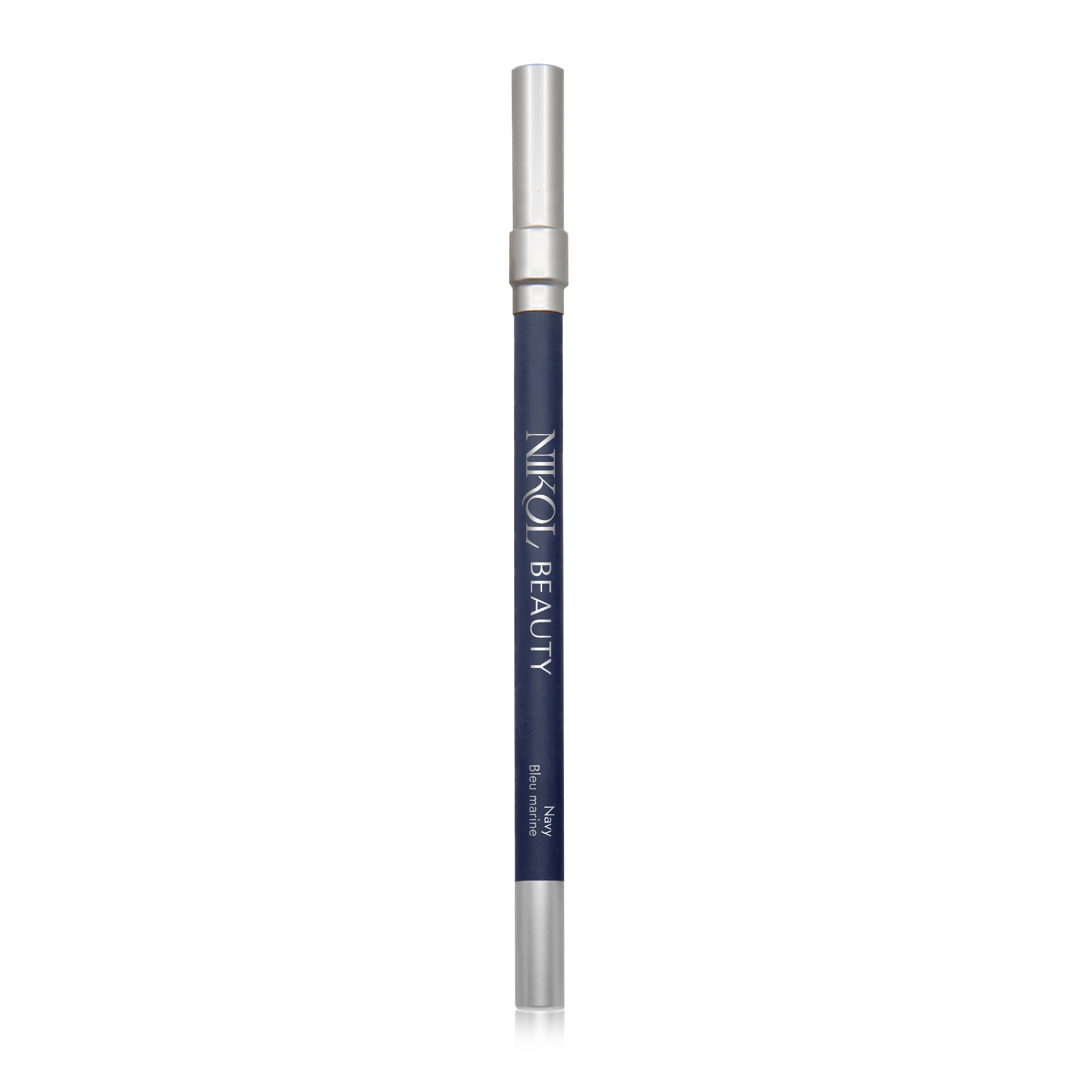 A navy waterproof eyeliner pencil with high pigments, featuring a silver cap and Shopgalaxys in silver text. Designed for mature eyes, this long-lasting Shopgalaxys WaterProof Eyeliner Pencil is shown standing vertically against a plain white background.