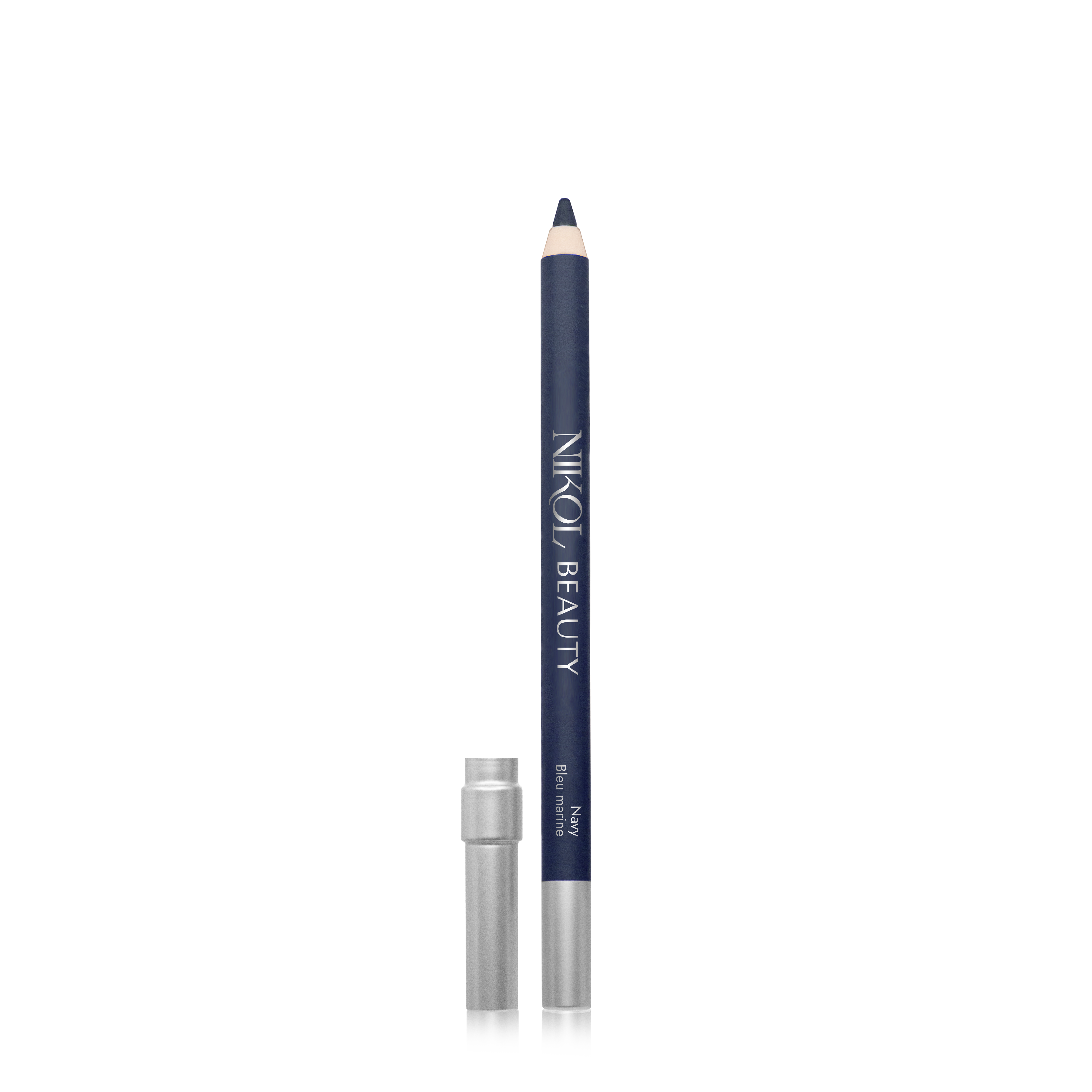 The dark blue WaterProof Eyeliner Pencil by Shopgalaxys, with high pigments and a silver cap revealing the tip, features BLACK BEAUTY in white on its barrel. This long-lasting pencil stands vertically against a white background, ideal for mature eyes seeking defined elegance.