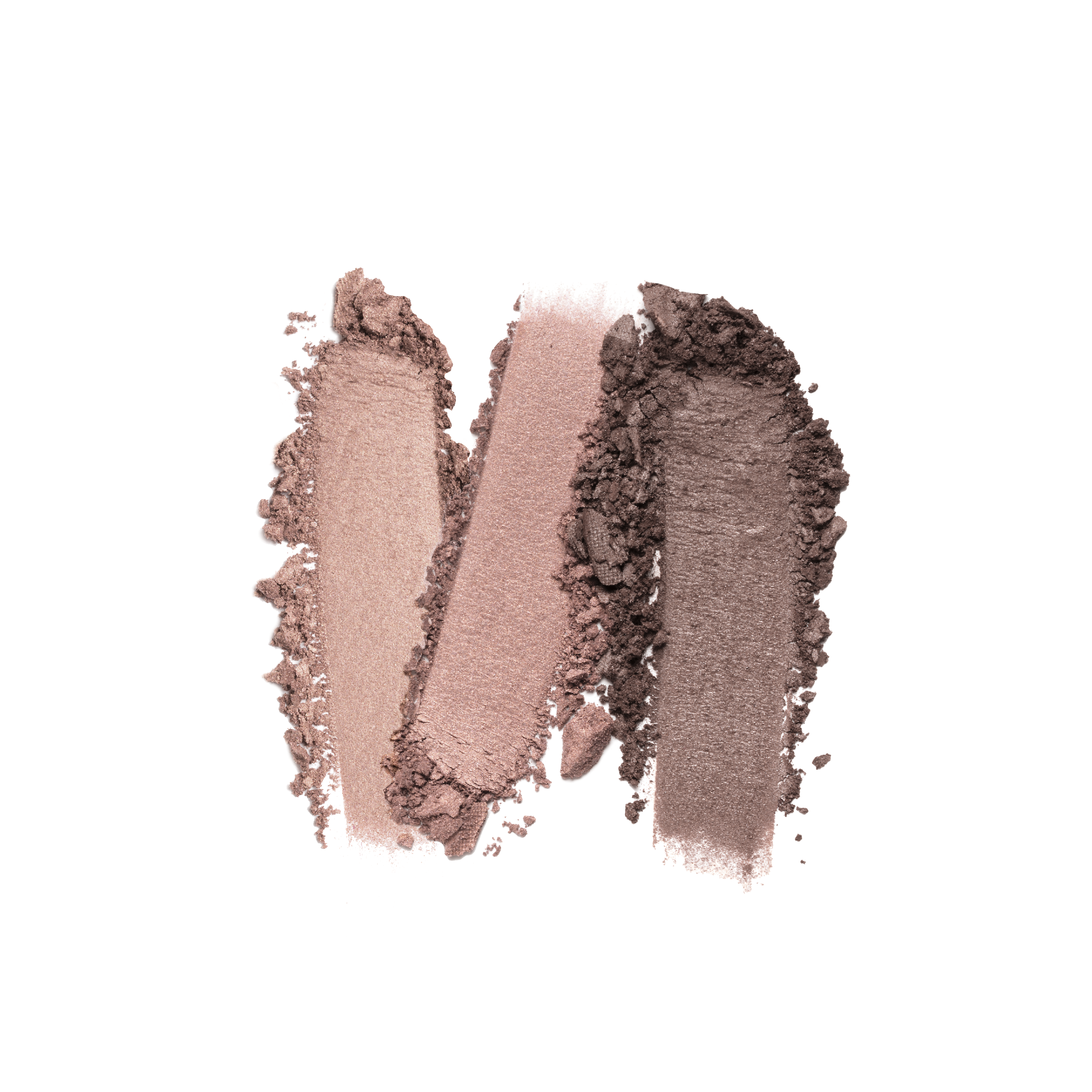 Three swatches of Shopgalaxyss Naughty Nancy 3-Well Eyeshadow Palette, featuring shades from light to dark brown, are displayed side by side on a white background. Their vegan formula ranges in texture from smooth to rough, highlighting the powdery consistency.