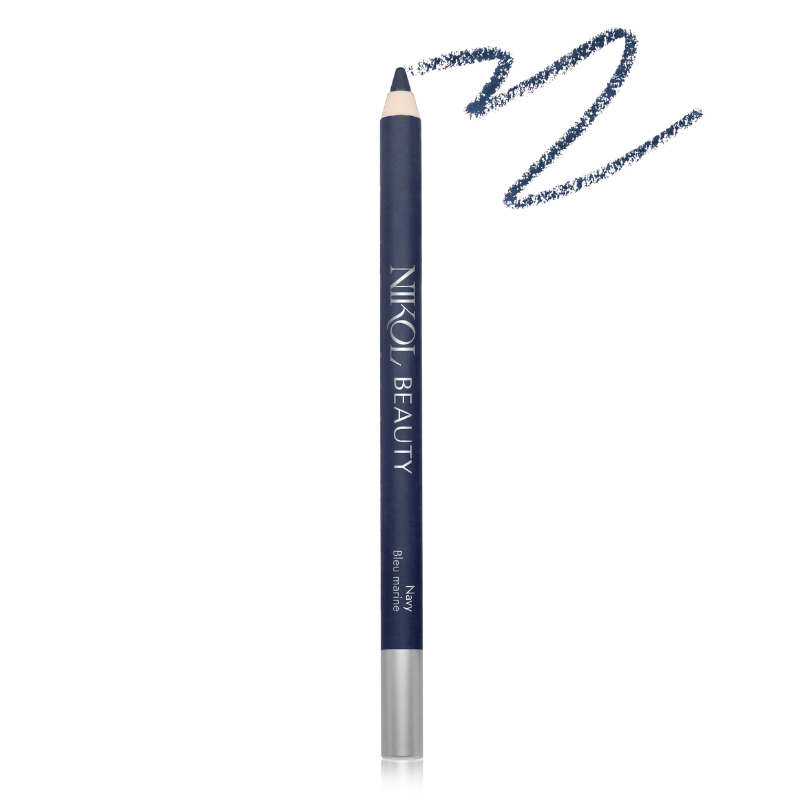 The navy blue WaterProof Eyeliner Pencil by Shopgalaxys features a cap and branded side. Its high-pigment formula offers vibrant color, demonstrated by a swatch in a squiggly line, ideal for mature eyes seeking definition.