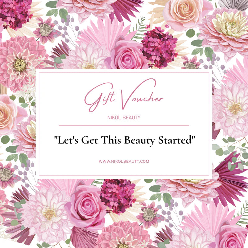 A floral-themed gift voucher with pink and white flowers surrounding a box that reads: Gift Voucher Shopgalaxys Lets Get This Beauty Started www.shopgalaxys.shop.