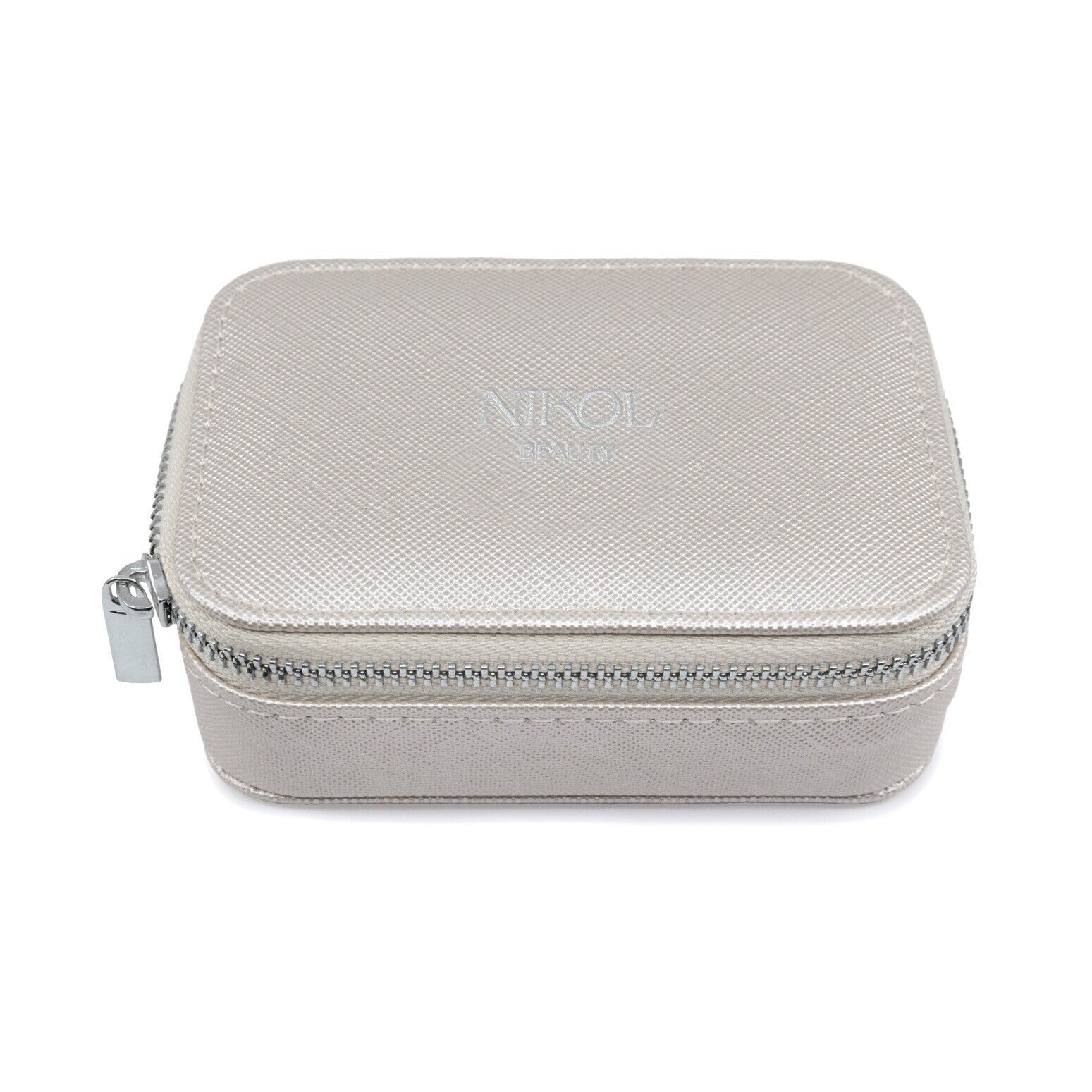 The Shopgalaxys Lipstick Case by Shopgalaxys is a gray, rectangular leather case with a textured finish. Featuring a zipper closure and NINOL embossed on top, its crafted from vegan material, combining style and sustainability.