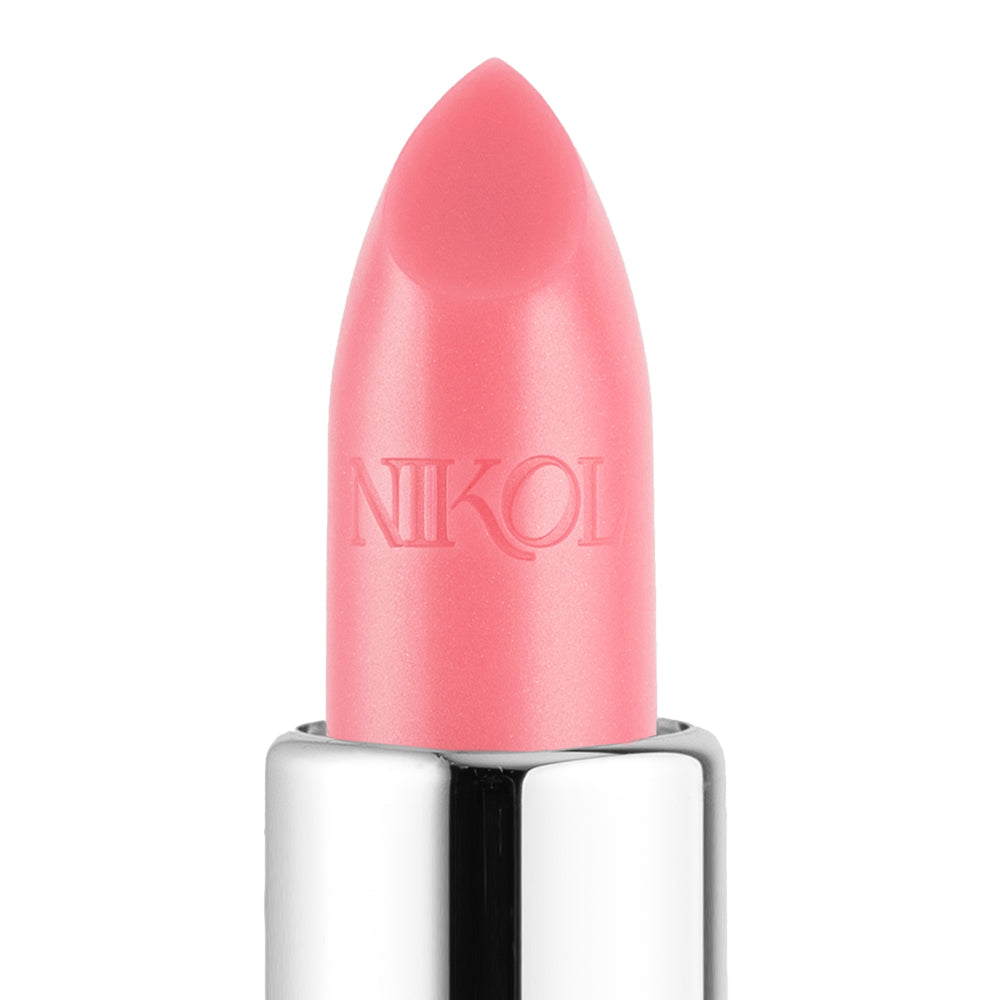 A close-up of the Rose Lip Balm #100, featuring a smooth, rounded tip in pink. The vegan and cruelty-free brand name Shopgalaxys is embossed on its side. It has a reflective metallic casing that gives it a sleek, modern look.
