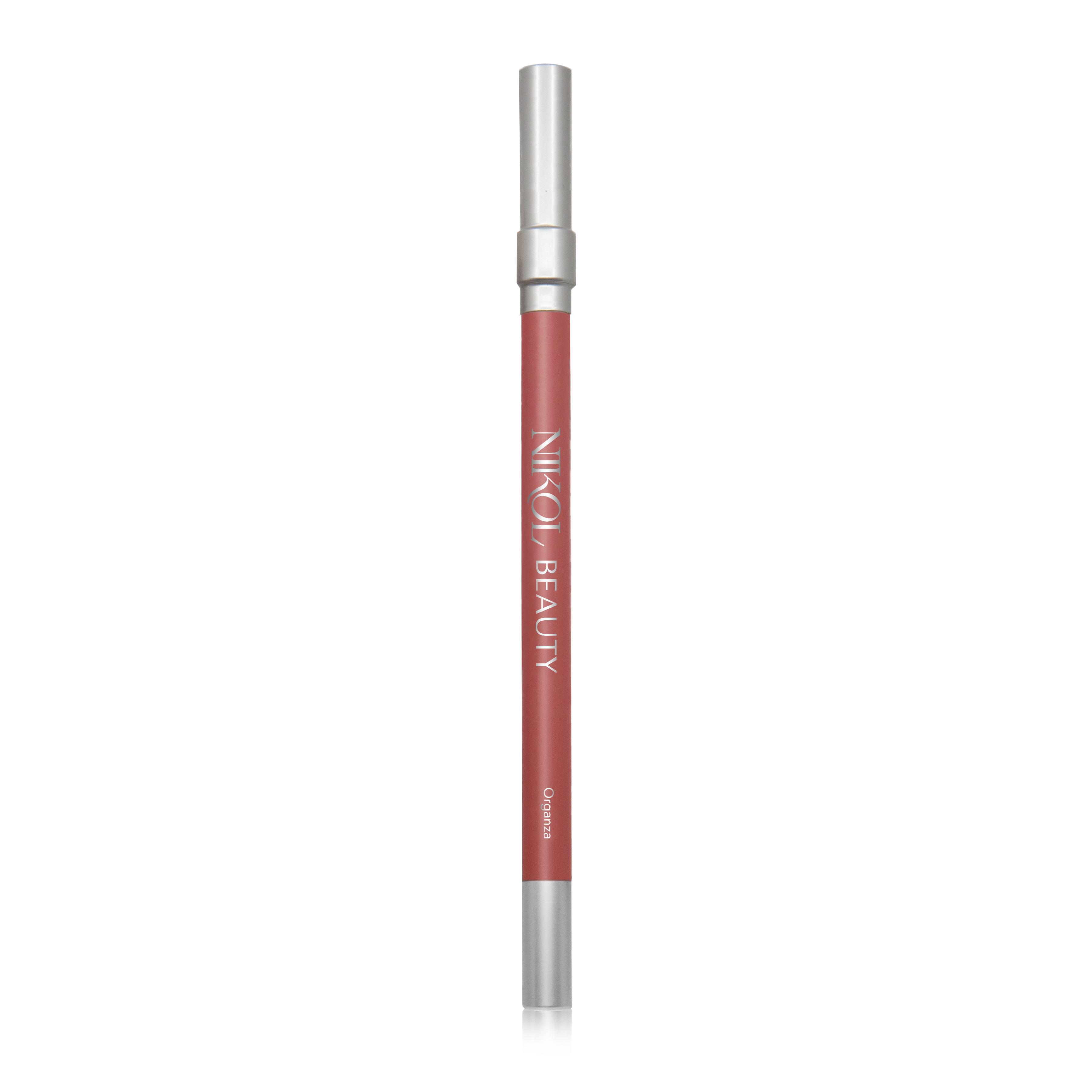 A creamy red-brown waterproof lip liner labeled Shopgalaxys and Crimson, with a silver cap, stands vertically against a white background. Ideal for mature women seeking elegance and precision.