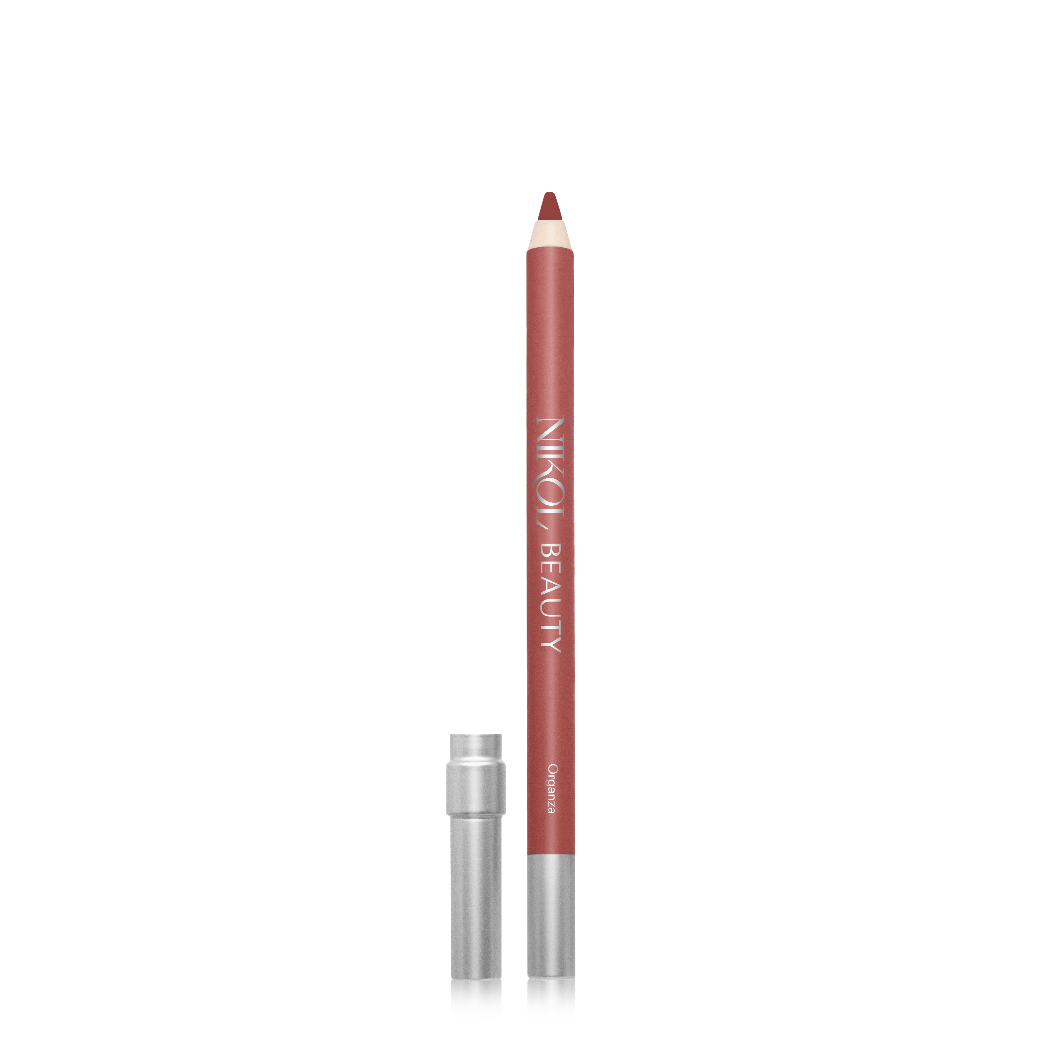 Nikol Beautys WaterProof Lip Liner Pencils stand upright with the cap nearby. The sharpened tip of this creamy red liner is ready for mature women seeking long-lasting elegance.