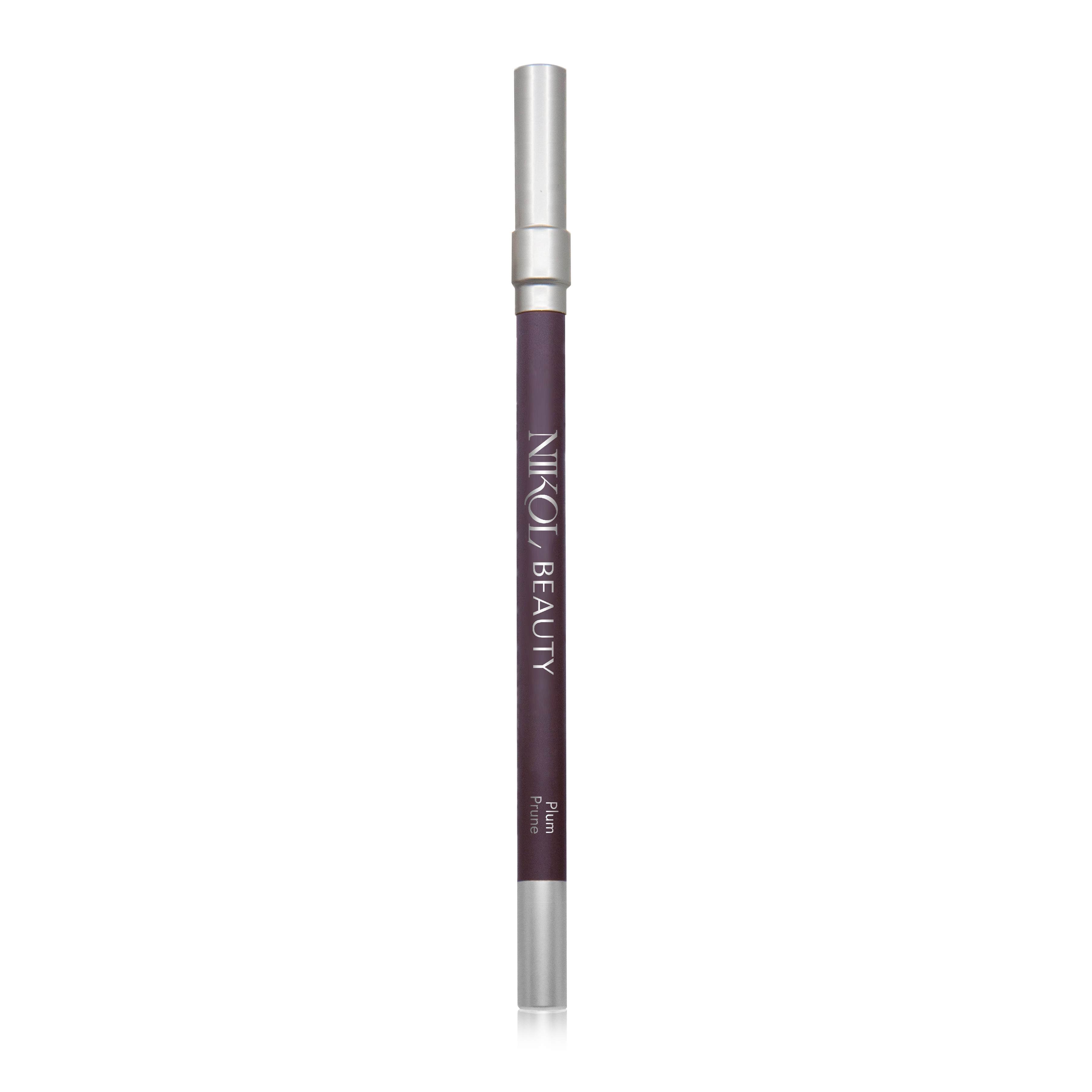A dark plum Waterproof Eyeliner pencil from Shopgalaxys features silver caps on both ends and the brands name in white text on the side. It offers rich, long-lasting color, with Plum indicated near the bottom.