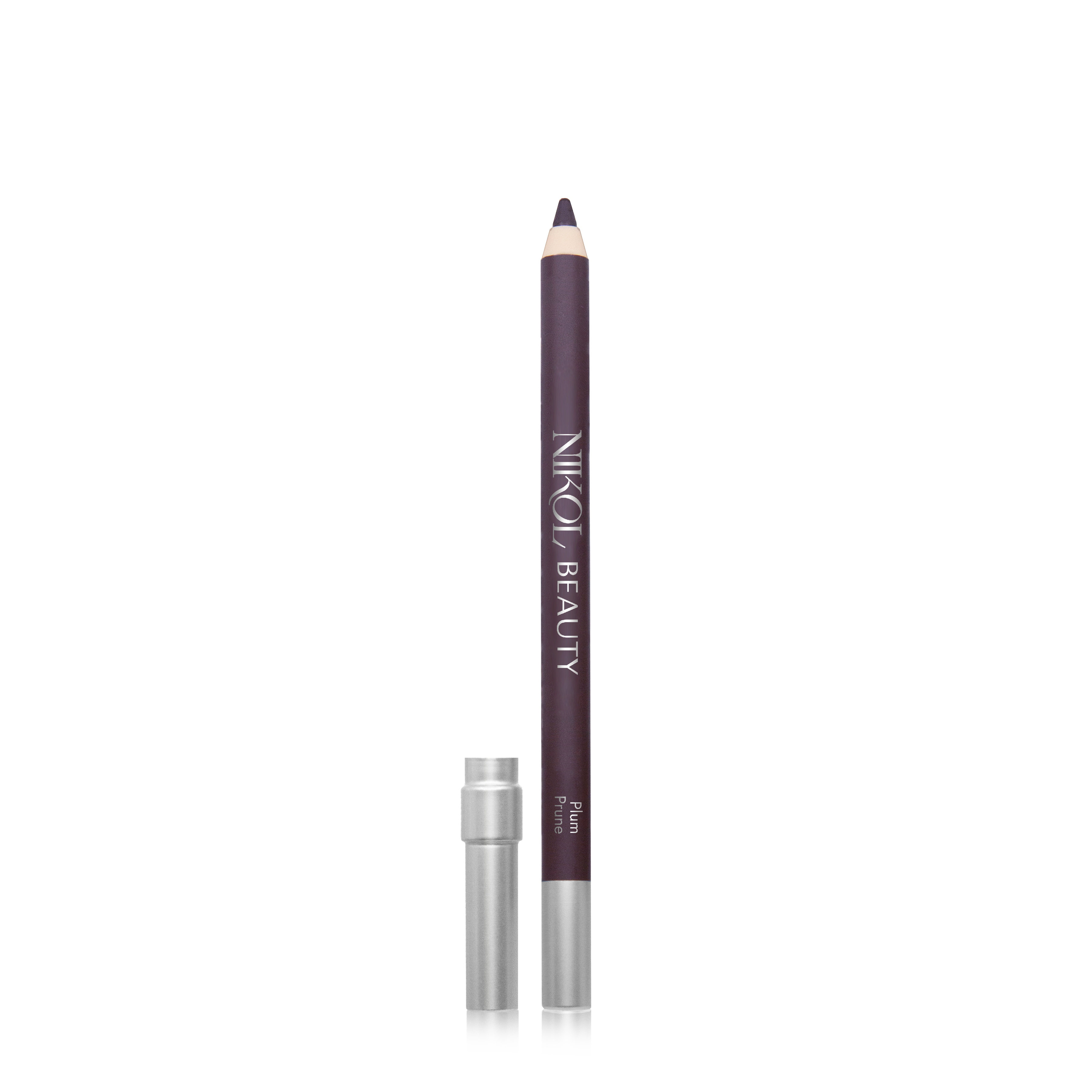The WaterProof Eyeliner Pencil by Shopgalaxys, shown on a plain white background with its silver cap nearby, is dark purple and features high pigments and a pointed tip ideal for mature eyes.