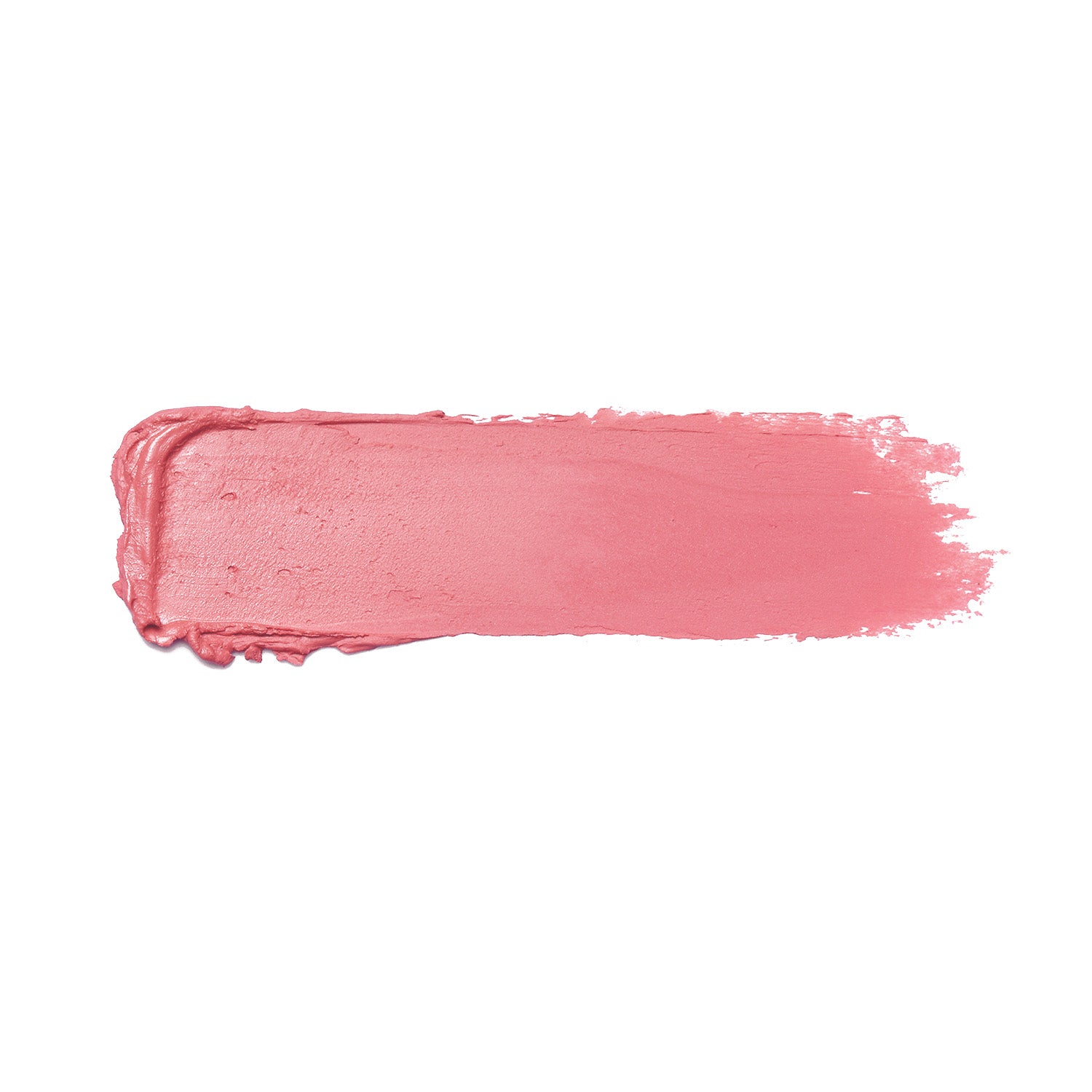A smear of Shopgalaxys’s Pretty Smart Shiny Velvet Cream Lipstick #337 on a white background reveals its ultra-creamy, hydrating texture with slightly uneven edges, offering an elegant and feminine soft rosy pink hue.