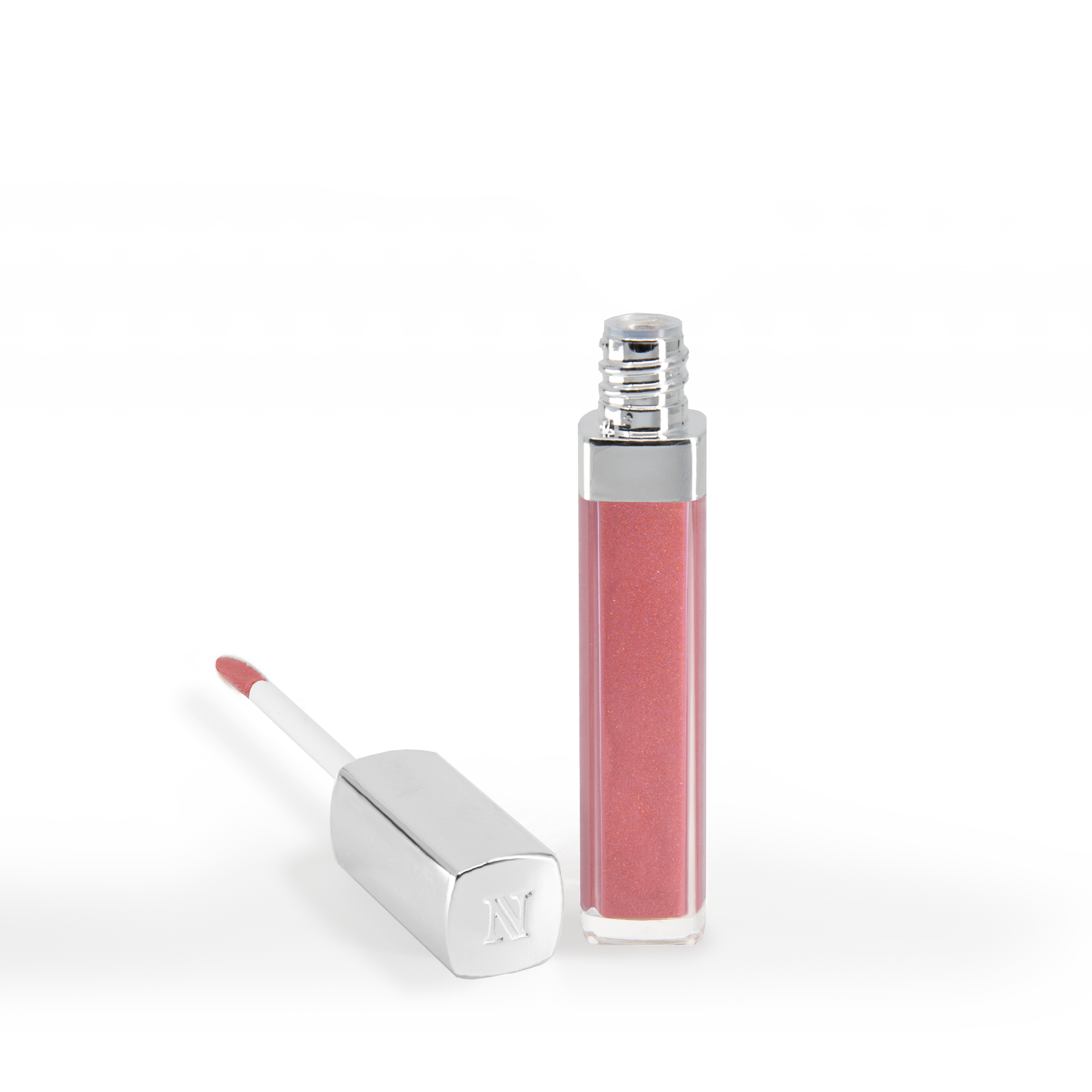 The Coco 13 Lip Gloss #259 by Shopgalaxys, in pink with a silver cap, is open next to its matching base. The applicator wand highlights the glosss high-impact shine. In a clean beauty style, the container stands upright against a pristine white background.