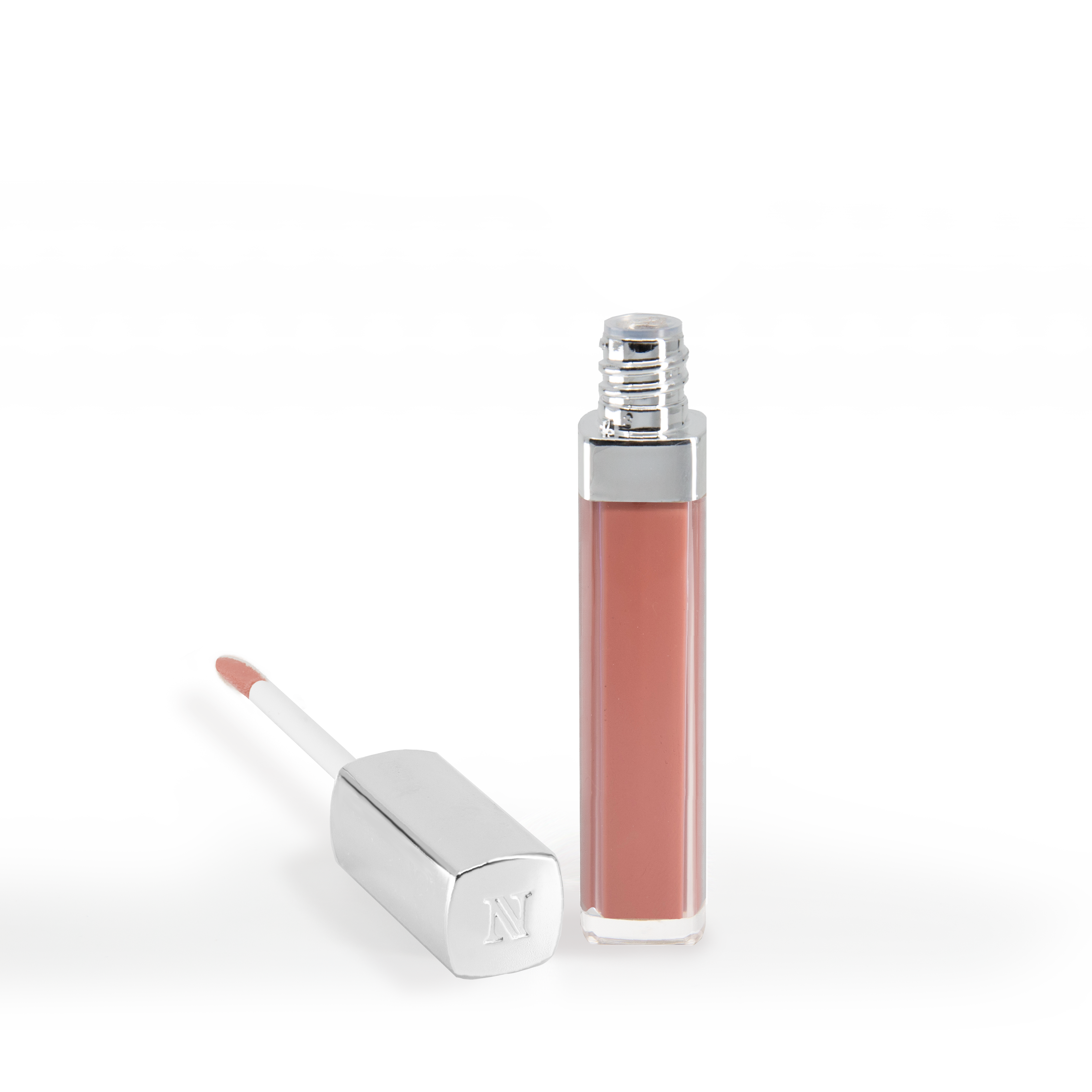 The Good Vibes Lip Gloss #443 by Shopgalaxys stands upright in a clear tube with a silver cap. Beside it, an applicator with a silver handle lies on its side, showcasing a dab of the high-impact shine gloss. The background is white.