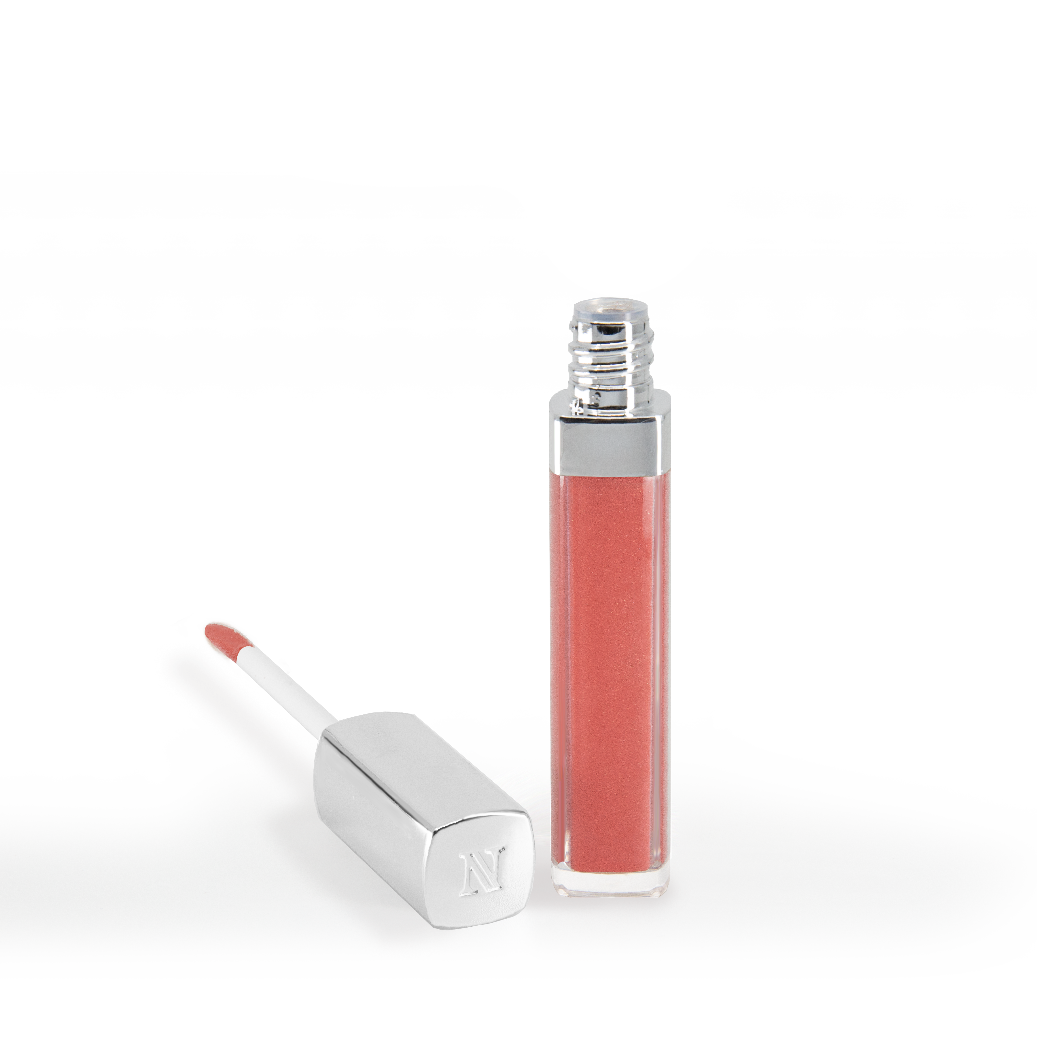 The New Beauty Lip Gloss #282 from Shopgalaxys features a clear tube with pink gloss and silver accents, including a shiny cap and monogrammed end. Infused with avocado oil, it provides nourishing moisture and high-impact shine. The wand lies open beside the upright tube.