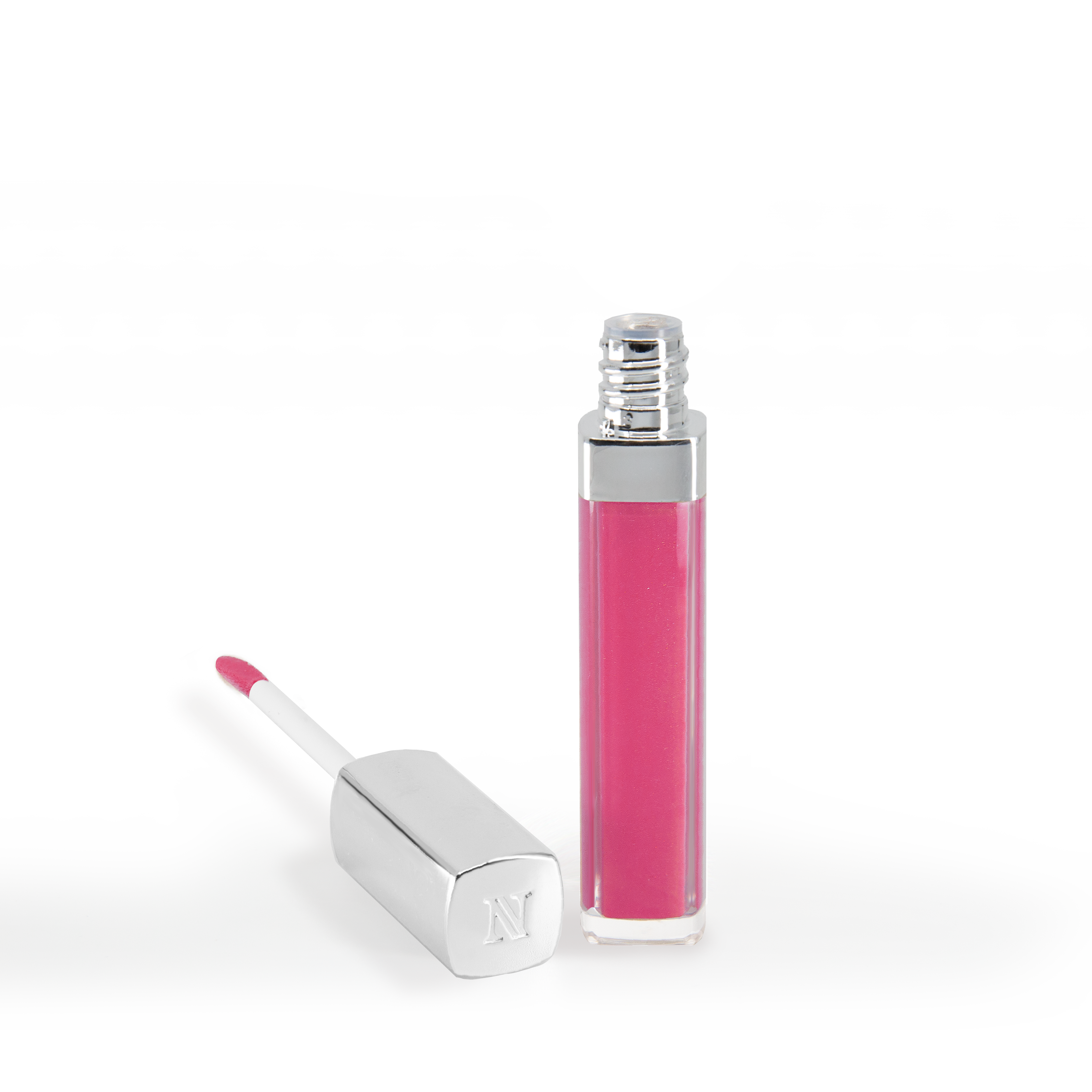 The Upgrade Lip Gloss #94 by Shopgalaxys features a clear container with a shiny silver cap, filled with bright pink non-sticky gloss. An open applicator with a pink-tinted brush sits nearby, offering high-impact shine on a white surface.