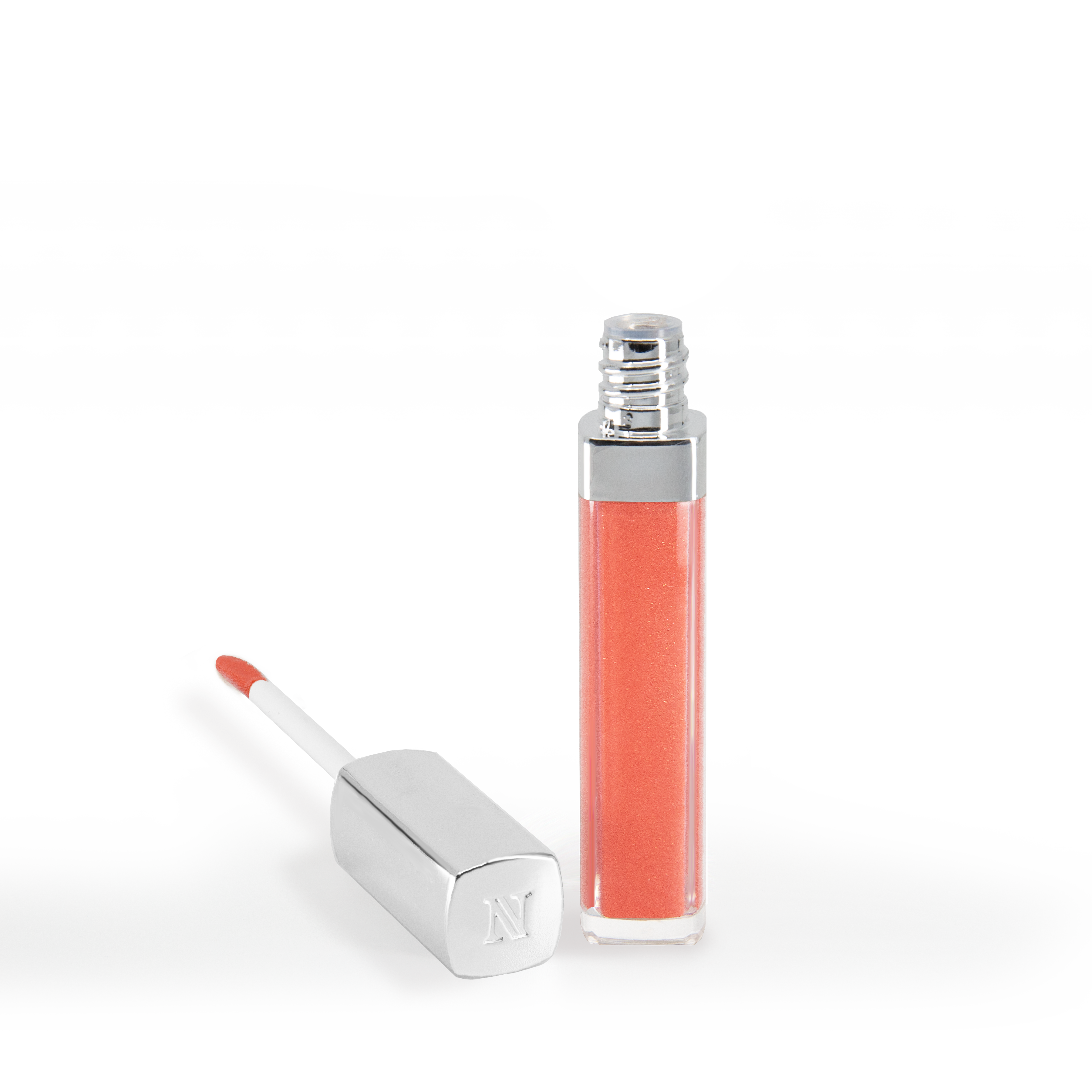 The Shopgalaxys Defiance Lip Gloss #62 in coral, with a non-sticky formula, features a silver-capped clear tube. It includes an applicator with a matching silver handle and soft brush tip, offering high-impact shine while adhering to clean beauty principles.