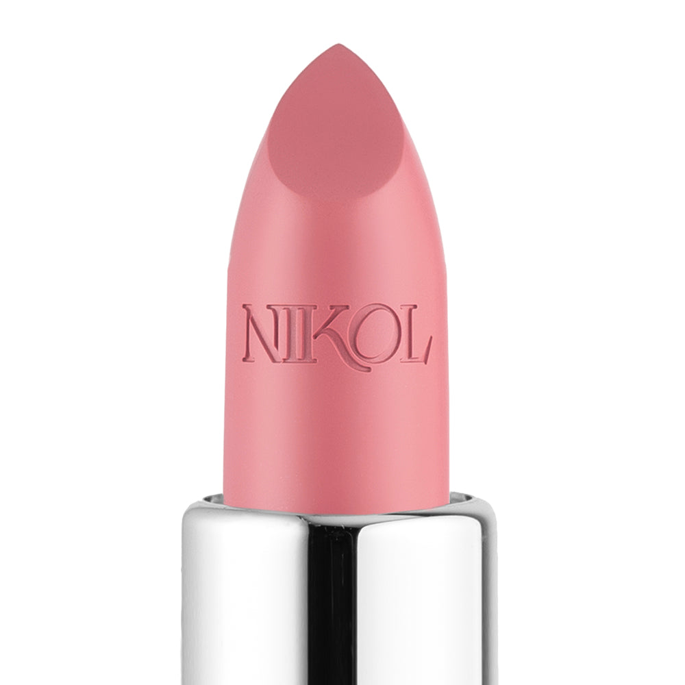 The Pretty Smart Shiny Velvet Cream Lipstick #337 by Shopgalaxys features a pink shade with a smooth curved tip, housed in a sleek silver tube. Its ultra-creamy, vegan-friendly formula keeps lips hydrated all day and is perfect for conscientious beauty lovers. The brands name is embossed on the lipstick.