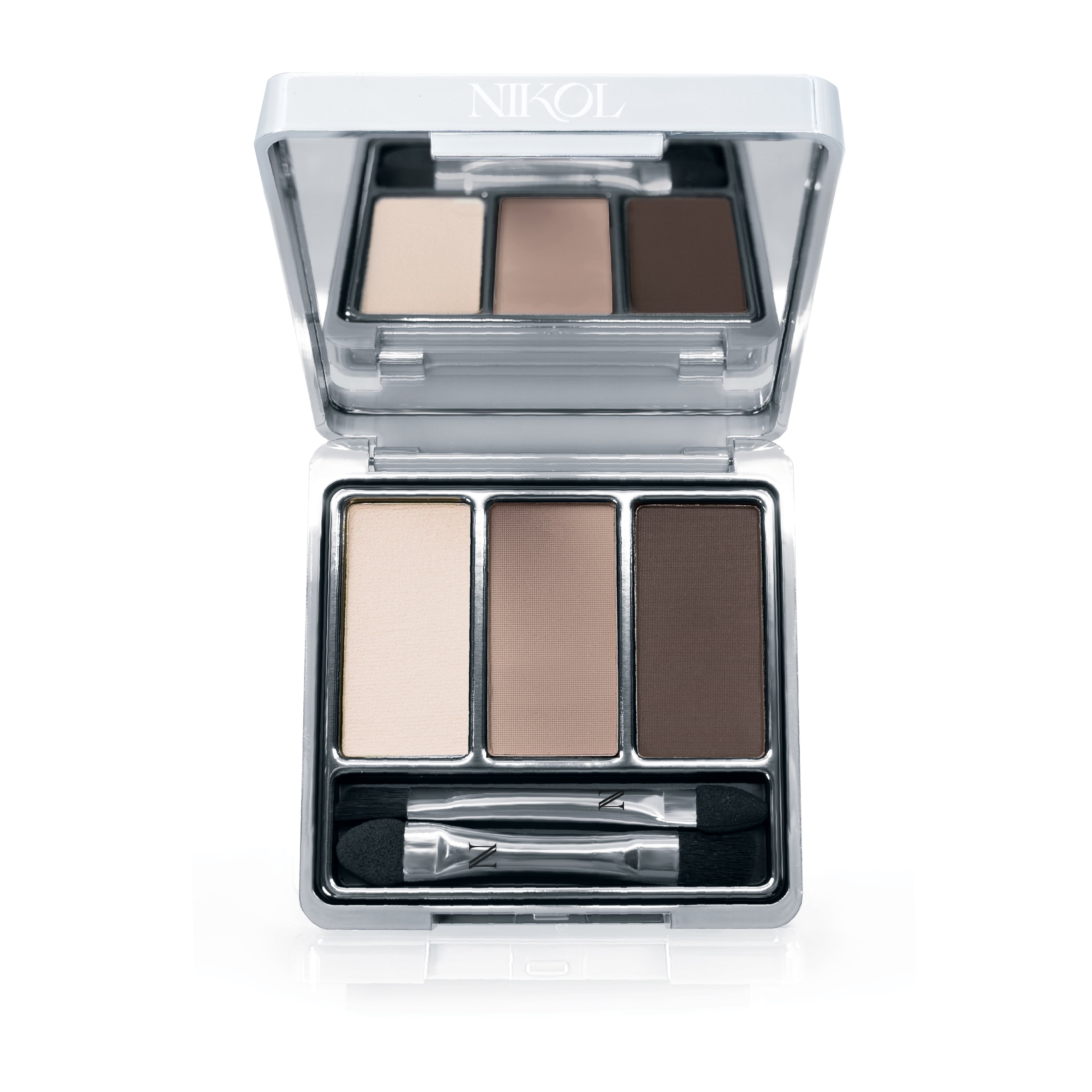 The Shopgalaxys Rewrite The Rules 3-Well Eyeshadow Palette features beige, taupe, and dark brown silky pans enriched with shea butter for smooth application. Housed in a silver compact with a hinged lid, it includes a dual-ended applicator.