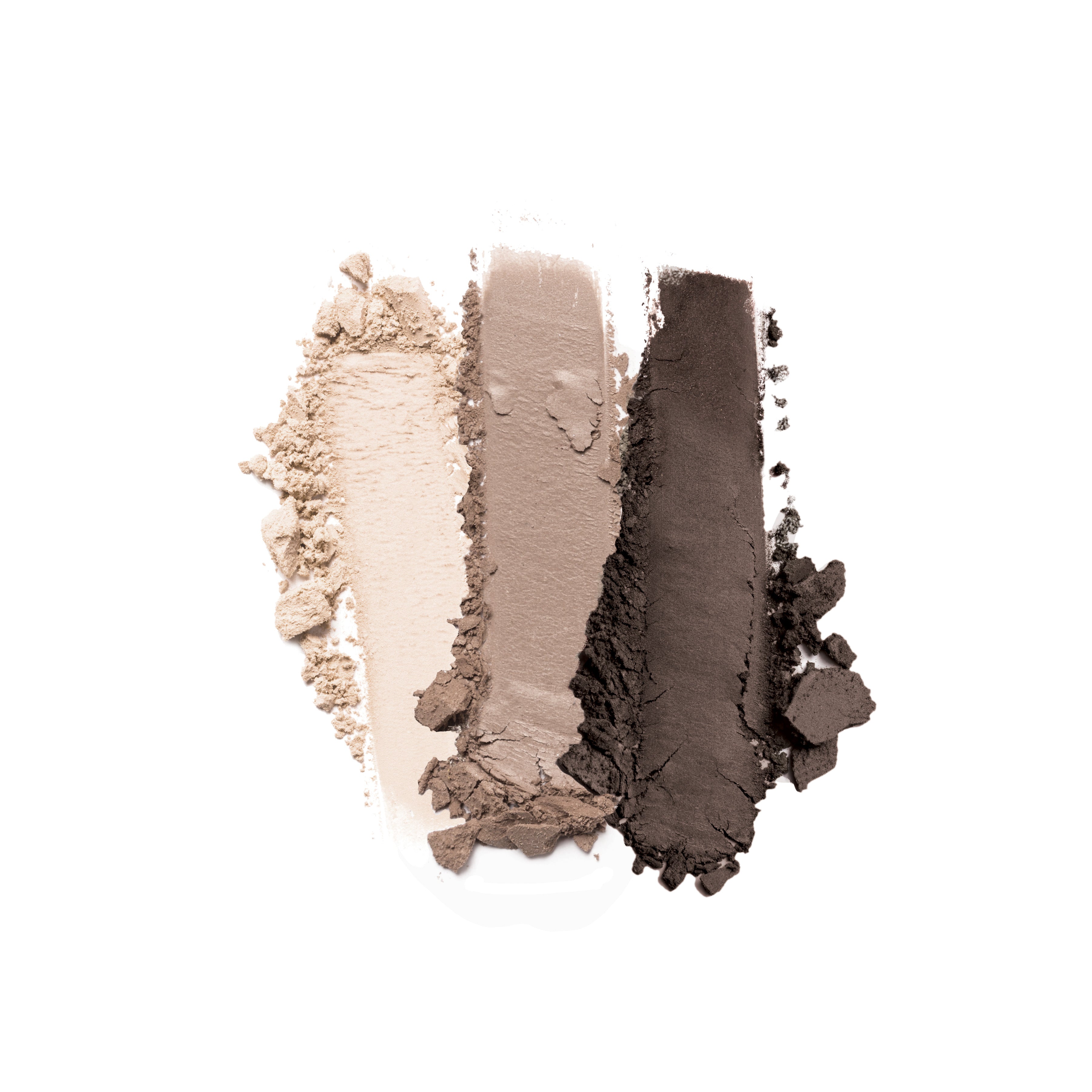 Three swatches from Shopgalaxyss Rewrite The Rules 3-Well Eyeshadow Palette lie on a white background, showcasing the silky texture of the light beige, soft taupe, and dark brown matte shades side by side.