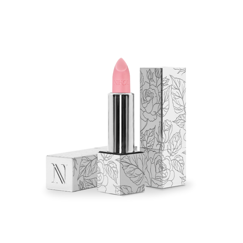 Rose Lip Balm #100 by Shopgalaxys comes in a pink hue encased in a sleek silver tube, housed within a floral-patterned white box adorned with N. This vegan product also functions as a hydrating balm for smooth, moisturized lips all day.