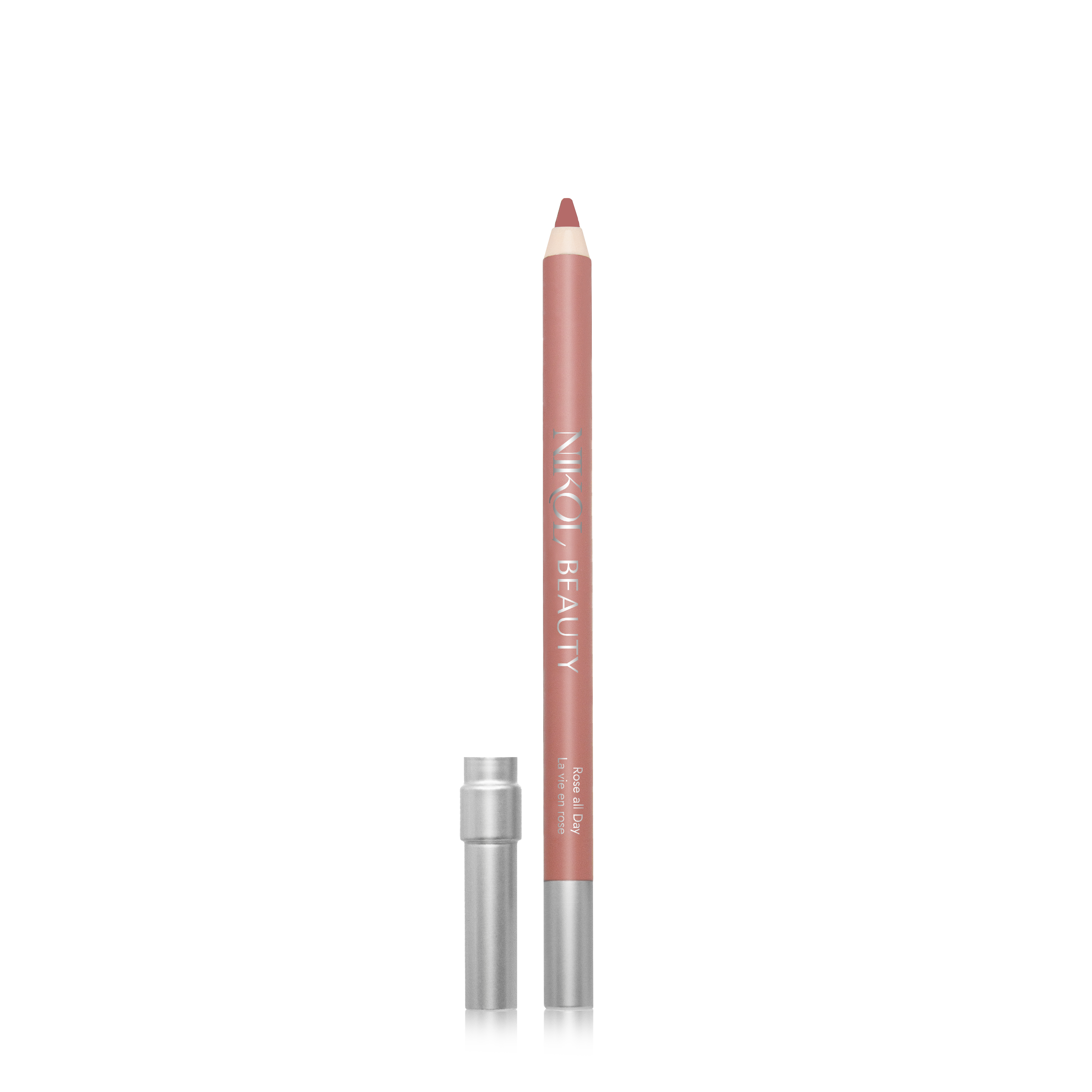 A nude pink WaterProof Lip Liner Pencil by Shopgalaxys stands upright, cap aside, showcasing a sharpened tip. Perfect for mature women’s makeup, its creamy formula glides seamlessly on a crisp white background.