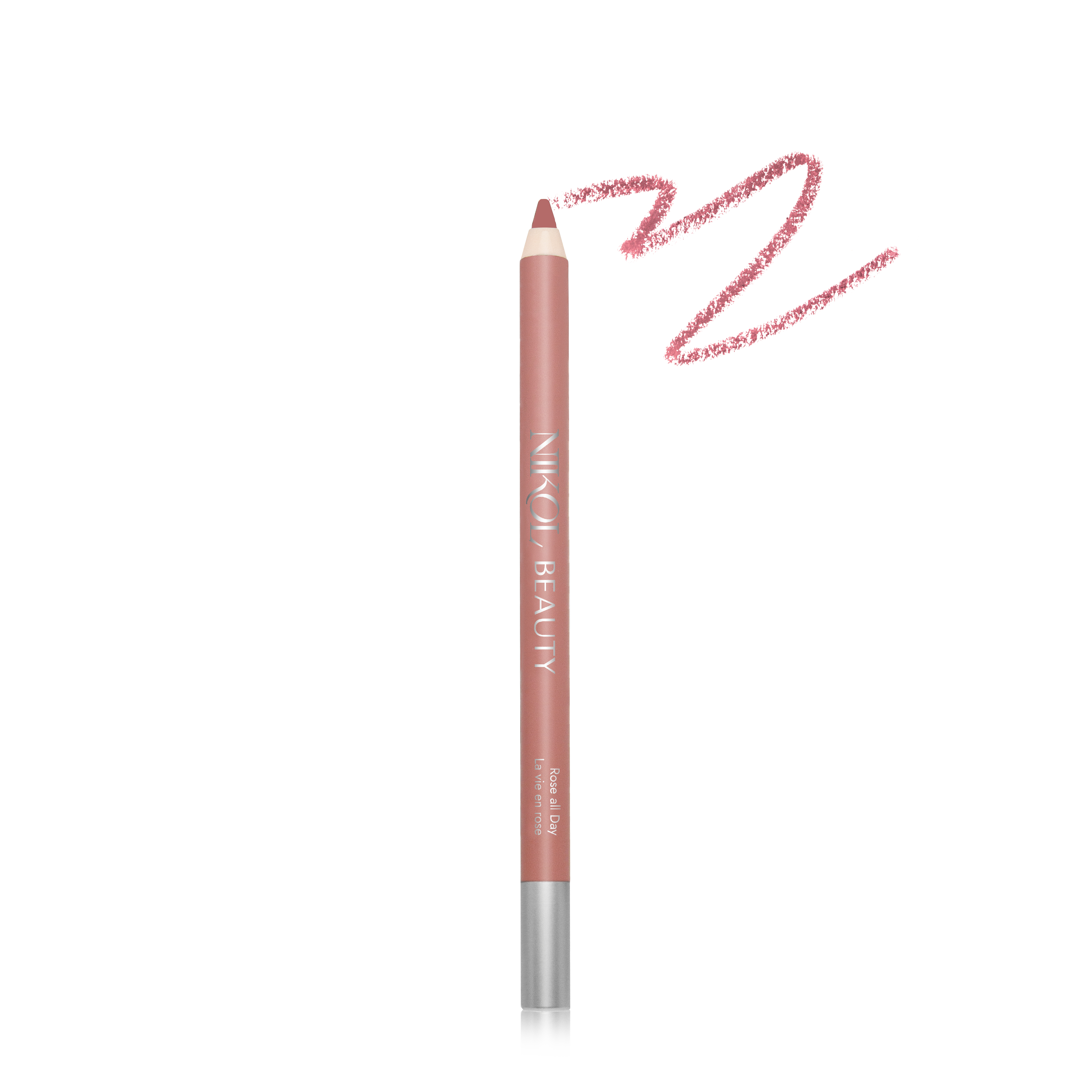 A pink creamy Shopgalaxys WaterProof Lip Liner Pencil features a silver cap, ideal for mature women makeup, on a white background. A swatch curves above it with the brand name printed in white on the side.
