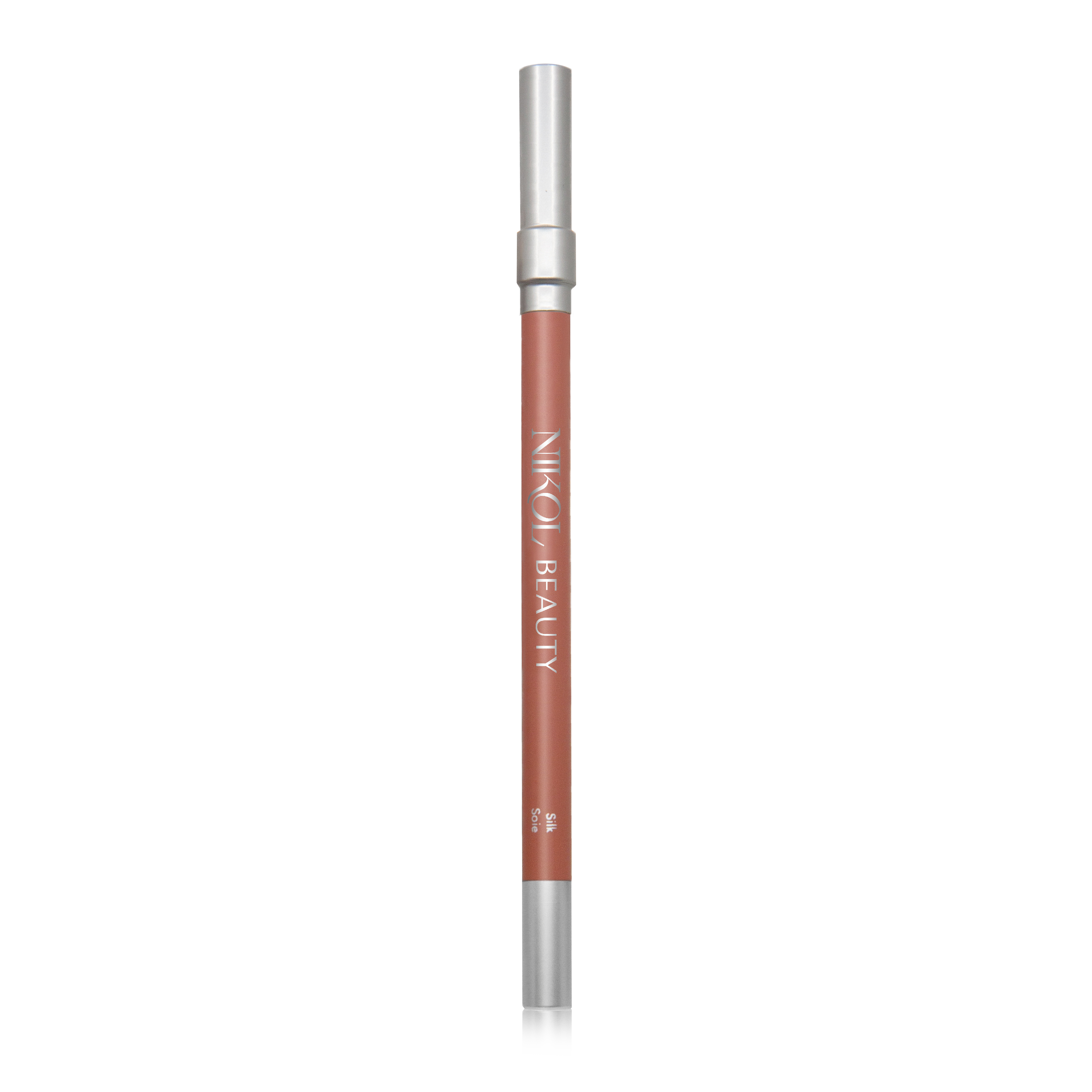 The WaterProof Lip Liner Pencils by Shopgalaxys, ideal for mature women, boast a creamy brown shade with a silver cap and base, the brand name in white on the side. Displayed against a white backdrop, it ensures precision and elegance.