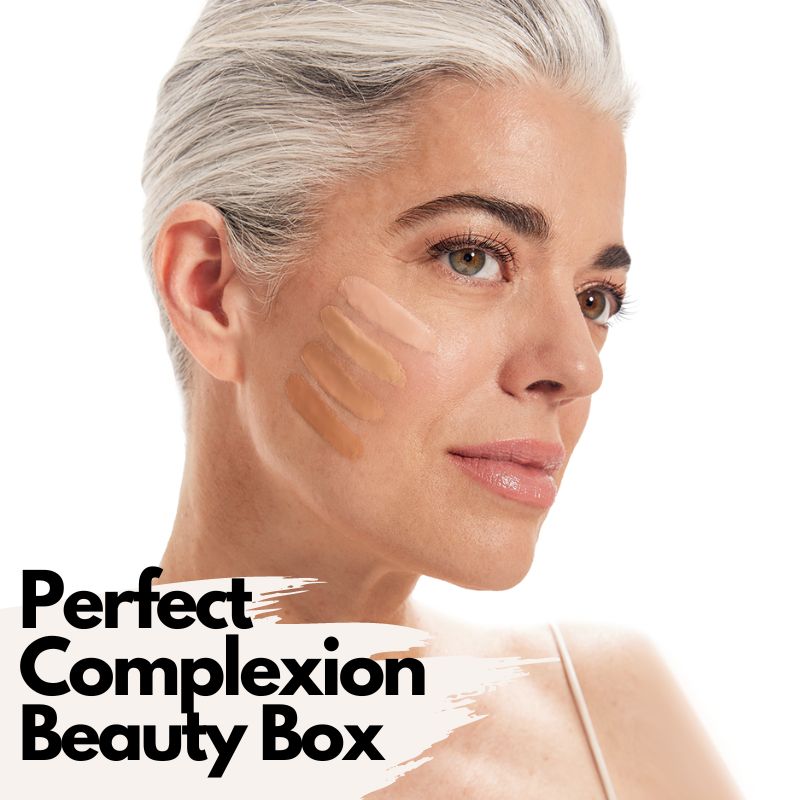 A mature woman with short gray hair and natural makeup displays foundation swatches on her cheek. Text in the lower left reads, Perfect Complexion Bundle by Shopgalaxys, featuring BB Cream selections for flawless skin enhancement.
