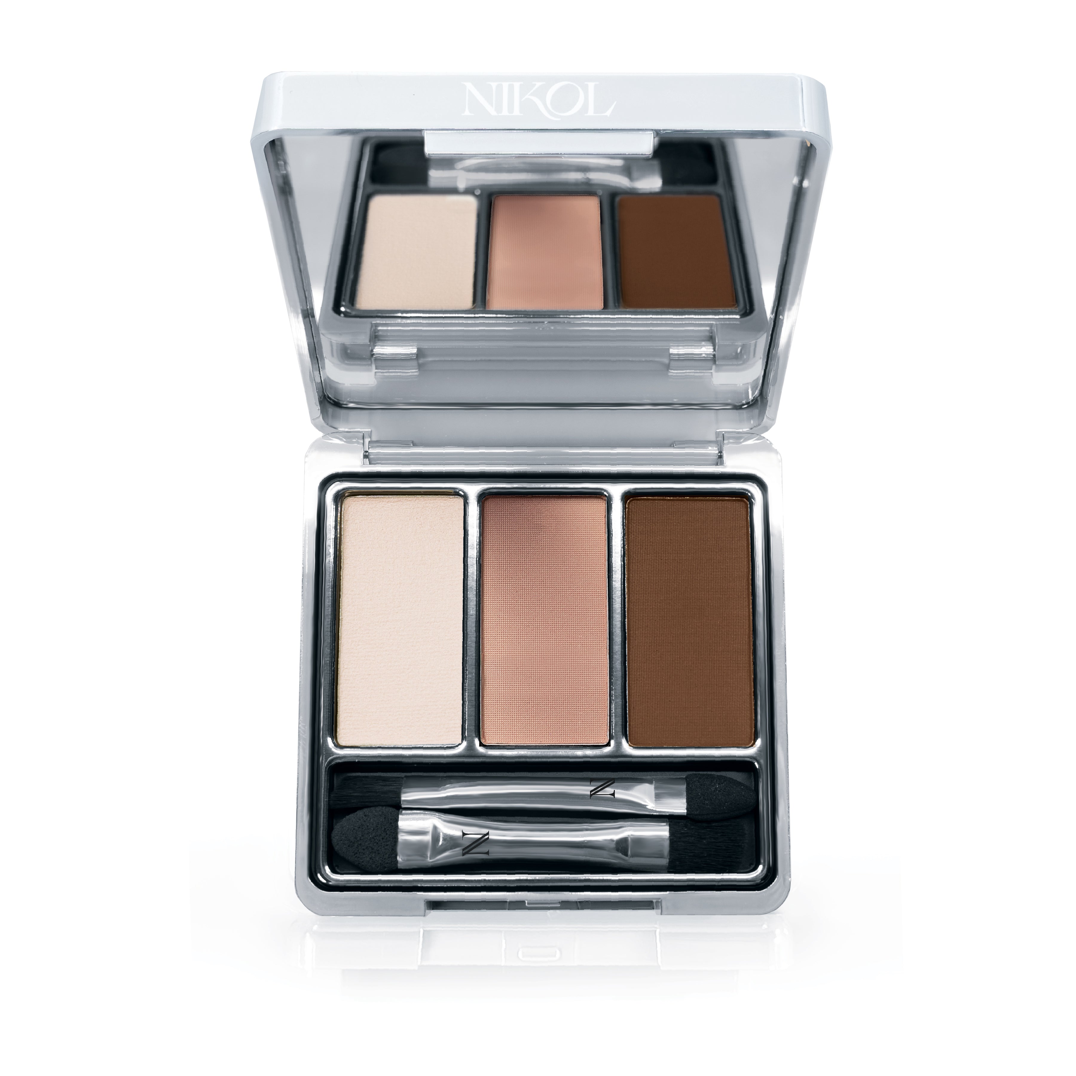 The Shopgalaxys Strong Brew 3-Well Eyeshadow Palette features an open silver case with a mirror, three matte shades (light beige, medium peach, dark brown), and a dual-ended applicator brush. The silky texture of the eyeshadows is infused with shea butter.