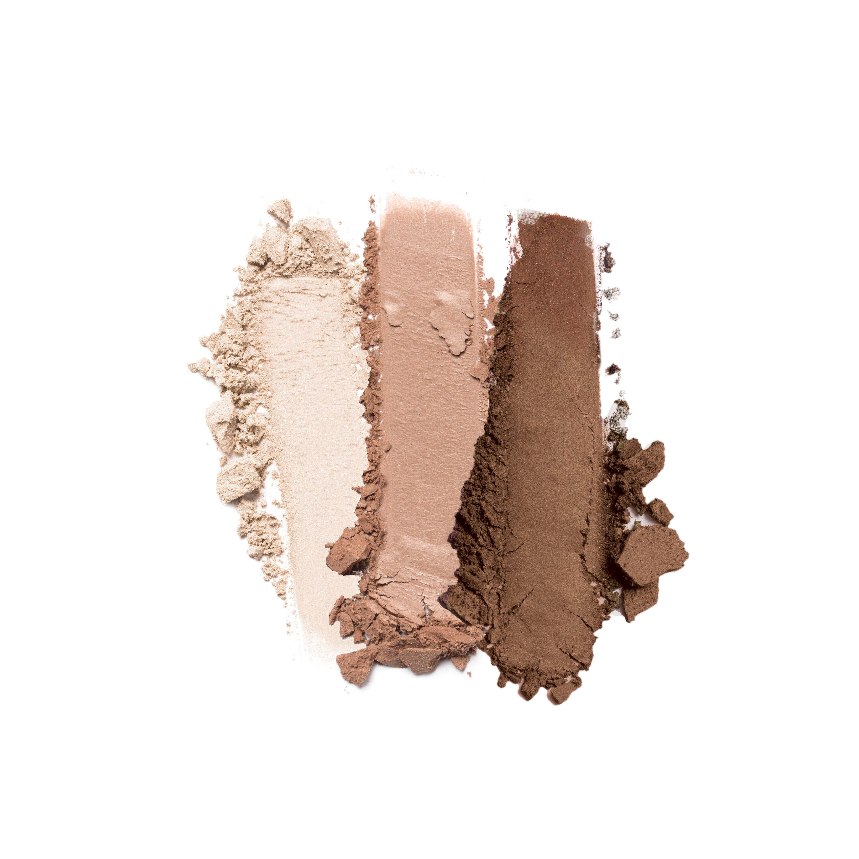 The Strong Brew 3-Well Eyeshadow Palette by Shopgalaxys displays three swatches on a white background: light beige, soft pink, and deep brown shades. The finely milled texture highlights their smooth pigmentation for perfect matte eyeshadows.
