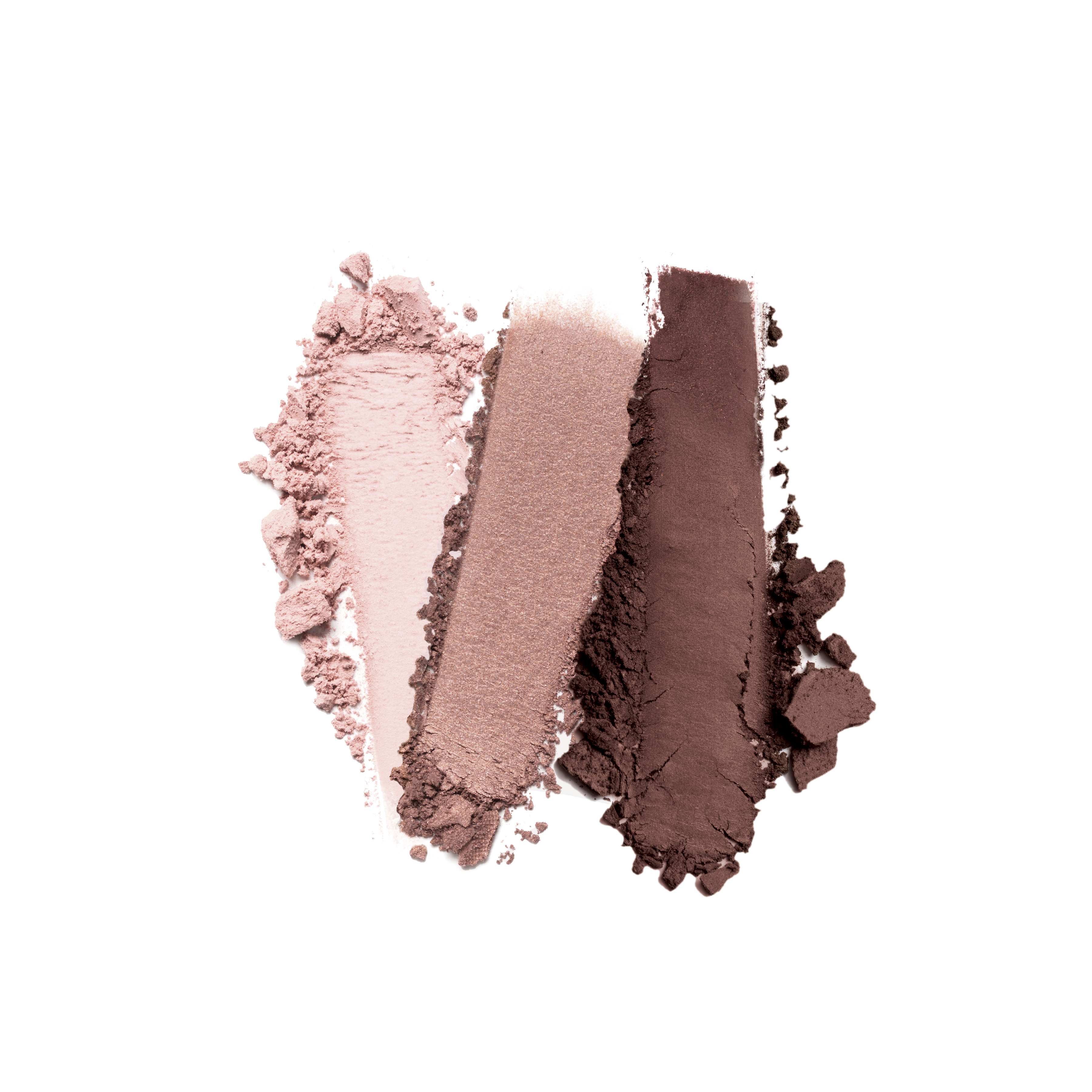 Swatches of crushed eyeshadow from Shopgalaxyss Sweet Carol 3-Well Eye Shadow Palette are displayed on a white background, featuring clean beauty in pale pink, metallic mauve, and deep brown hues with vegan-friendly textures—soft powdery clumps and fine dust.
