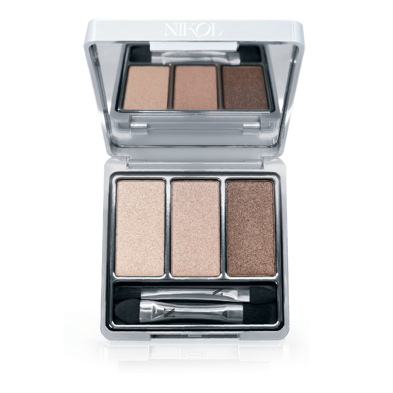 Introducing The Cabana 3-Well Eyeshadow Palette by Shopgalaxys, a vegan set featuring light beige, medium tan, and dark brown shades. It comes with a dual-ended applicator and sleek silver packaging with a clear top for brand display.