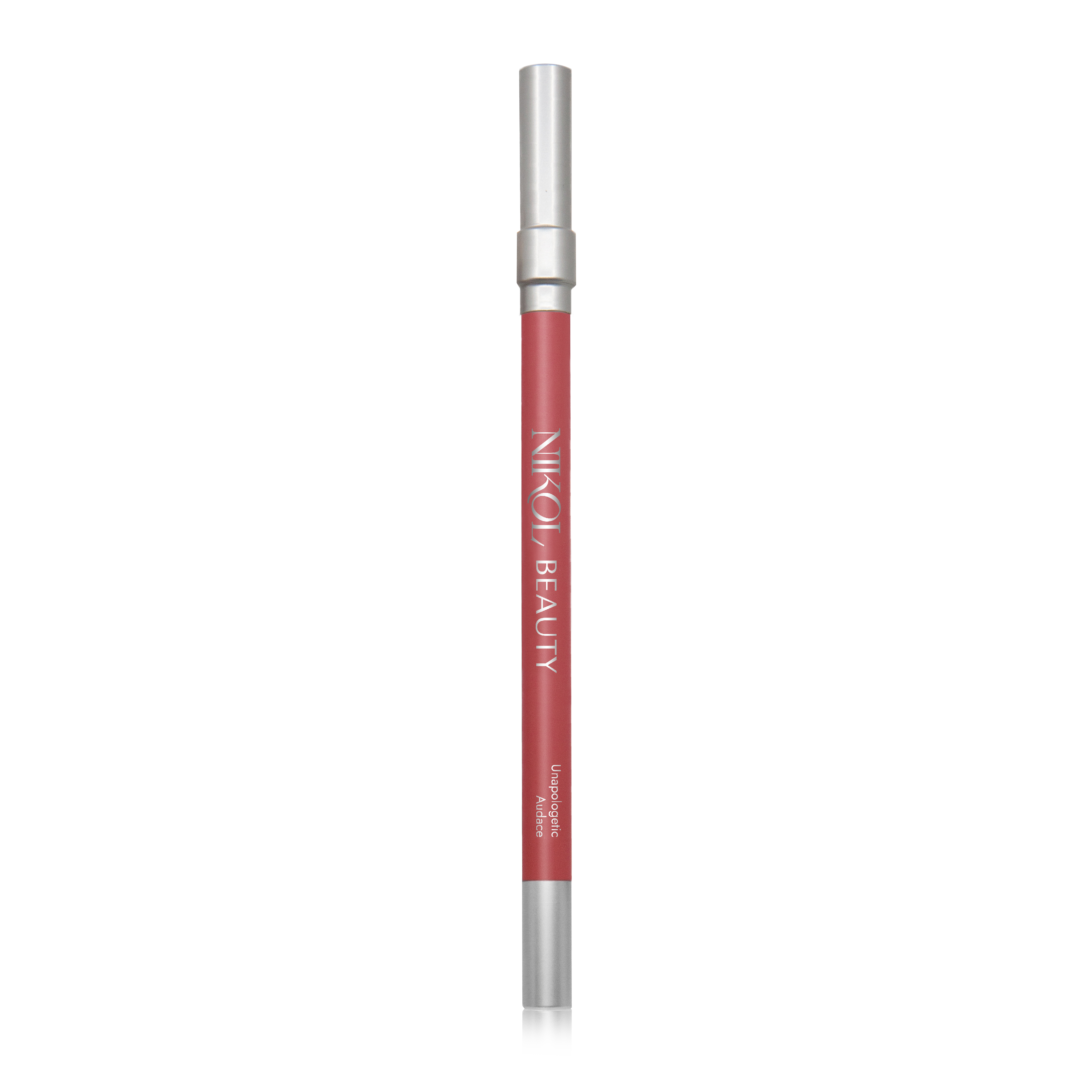 The Shopgalaxys WaterProof Lip Liner Pencil, featuring a creamy red hue and silver cap, elegantly stands against a white backdrop. Ideal for mature women seeking long-lasting vibrance and definition in their makeup.