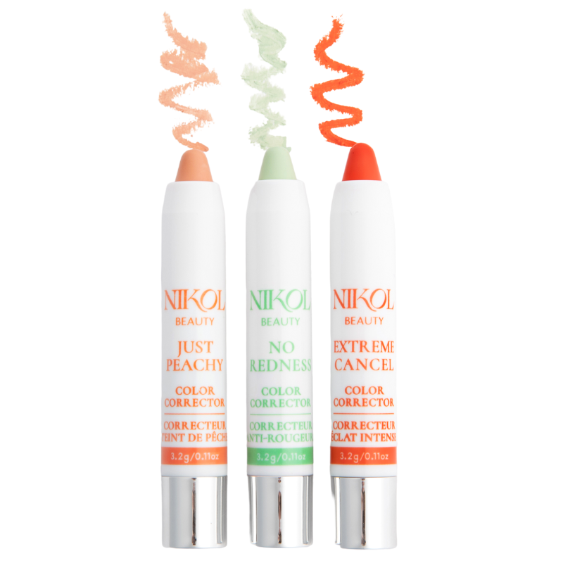 Displayed vertically, Shopgalaxyss Color Corrector Collection includes three sticks: peach (Just Peachy), green (No Redness), and orange (Extreme Cancel), each with swatches above, providing medium to full coverage.