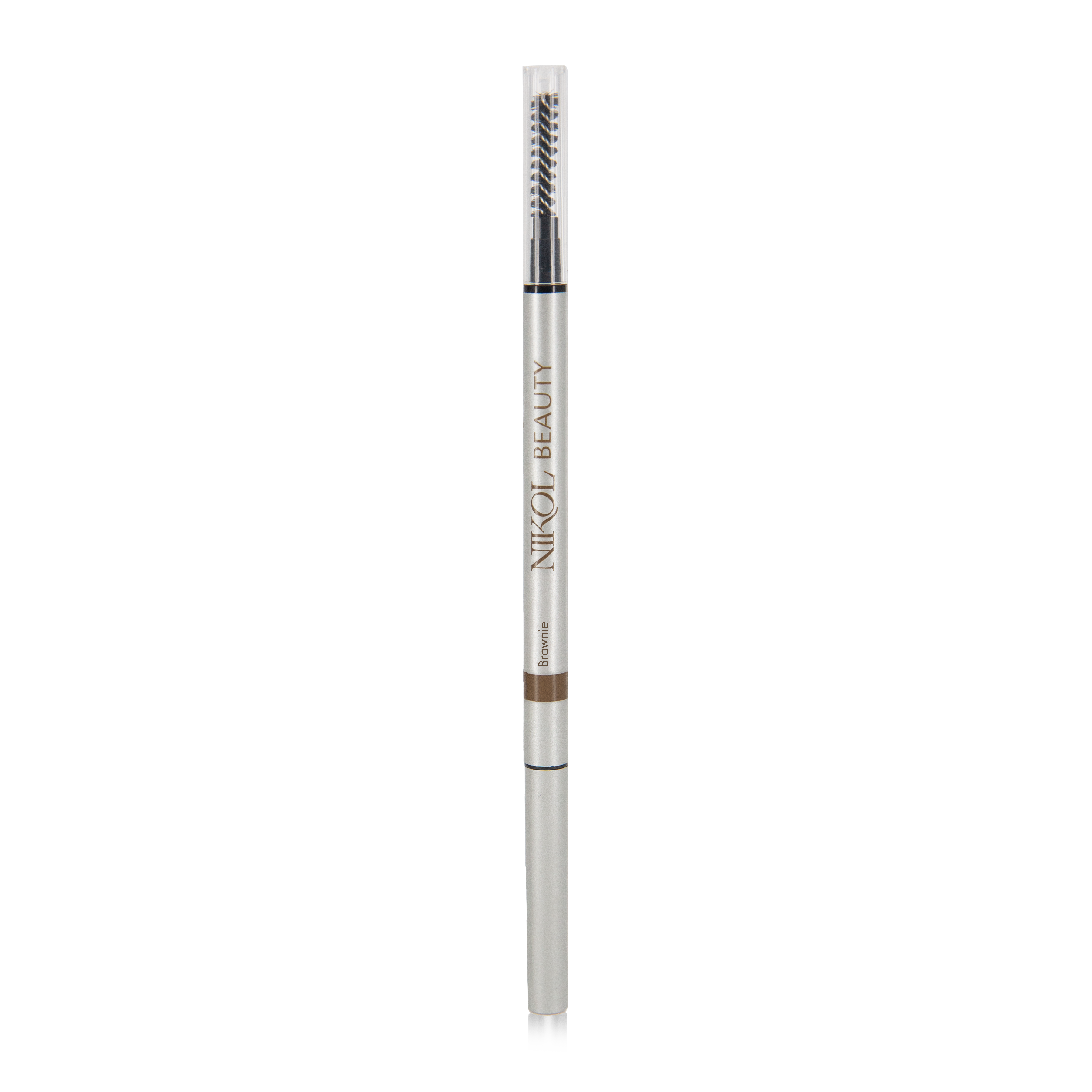 Introducing the Skinny Brow Pencil by Shopgalaxys, a precision brow tool with an ultra-smooth formula featuring a dual-ended design. One end has a spoolie brush and the other a brown pencil for perfect eyebrow definition, all in sleek silver packaging with the brand name elegantly printed in black.