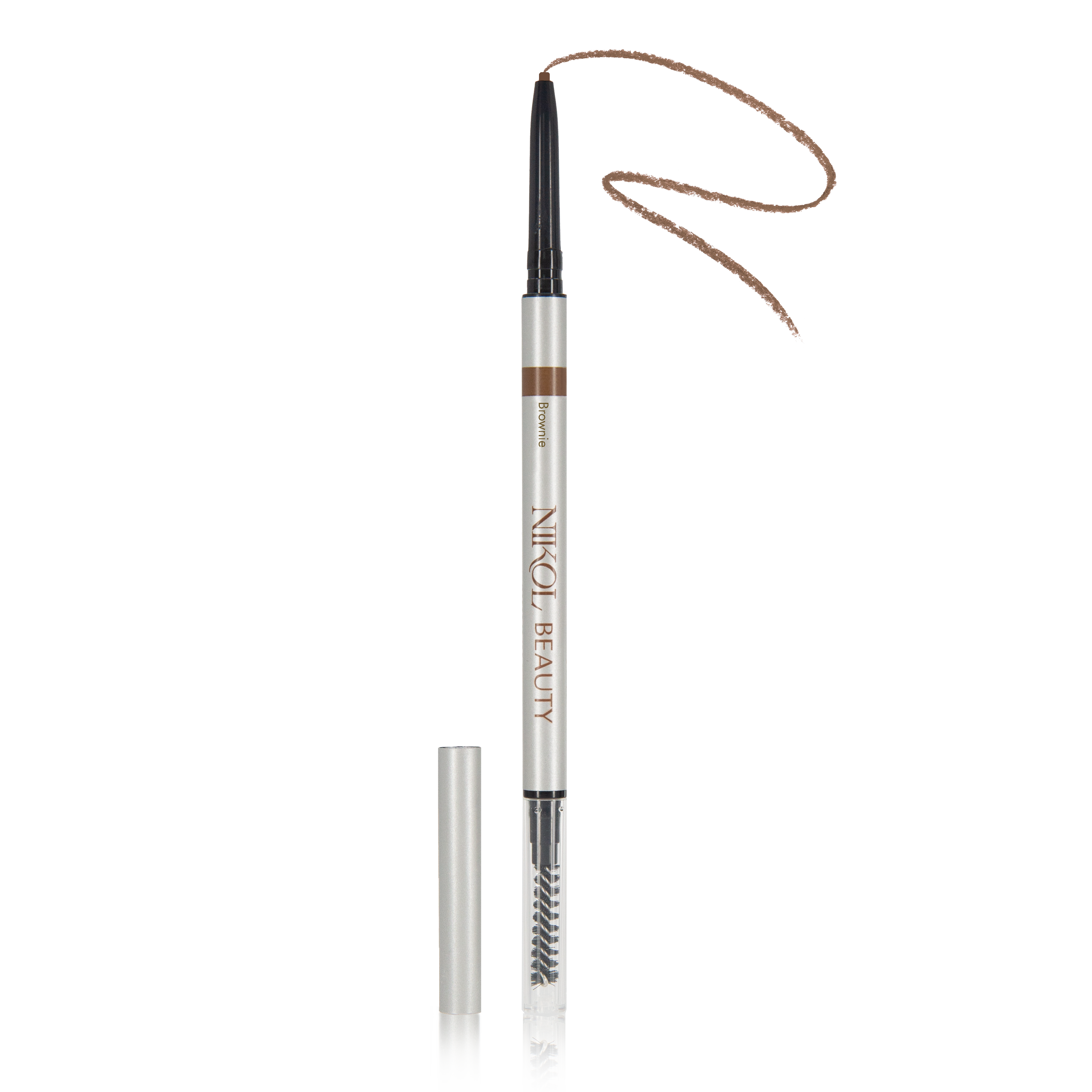 The Skinny Brow Pencil by Shopgalaxys is a slender, dual-ended precision brow tool in brown. One end has an ultra-smooth retractable tip, while the other includes a spoolie brush. The white pencil features branding text, with its cap conveniently set aside for easy access.