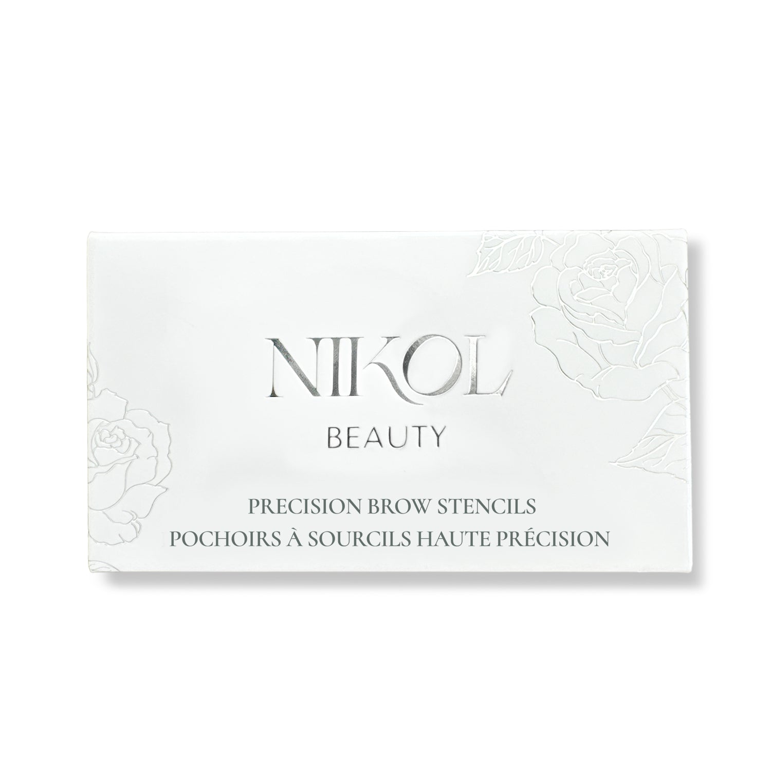 A white rectangular box featuring Shopgalaxys and subtle floral designs displays their Precision Eyebrow Stencils, ideal for Permanent Makeup Artists. Text in English and French complements the elegant branding of Shopgalaxyss brow products.