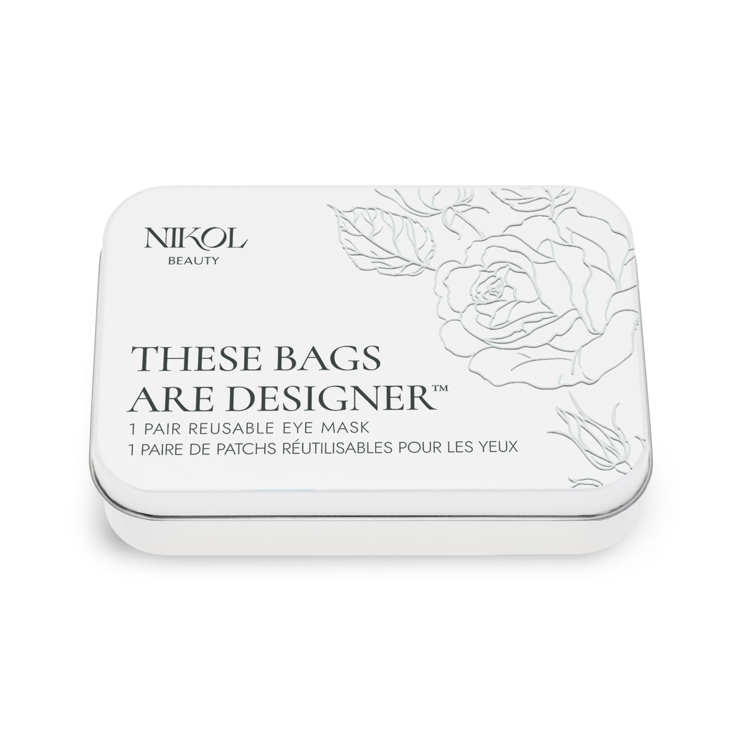 The These Bags Are Designer-Eye Mask by Shopgalaxys features a floral rectangular tin with its name boldly inscribed. Inside are reusable designer eye masks made from medical-grade silicone, perfect for your skincare routine.