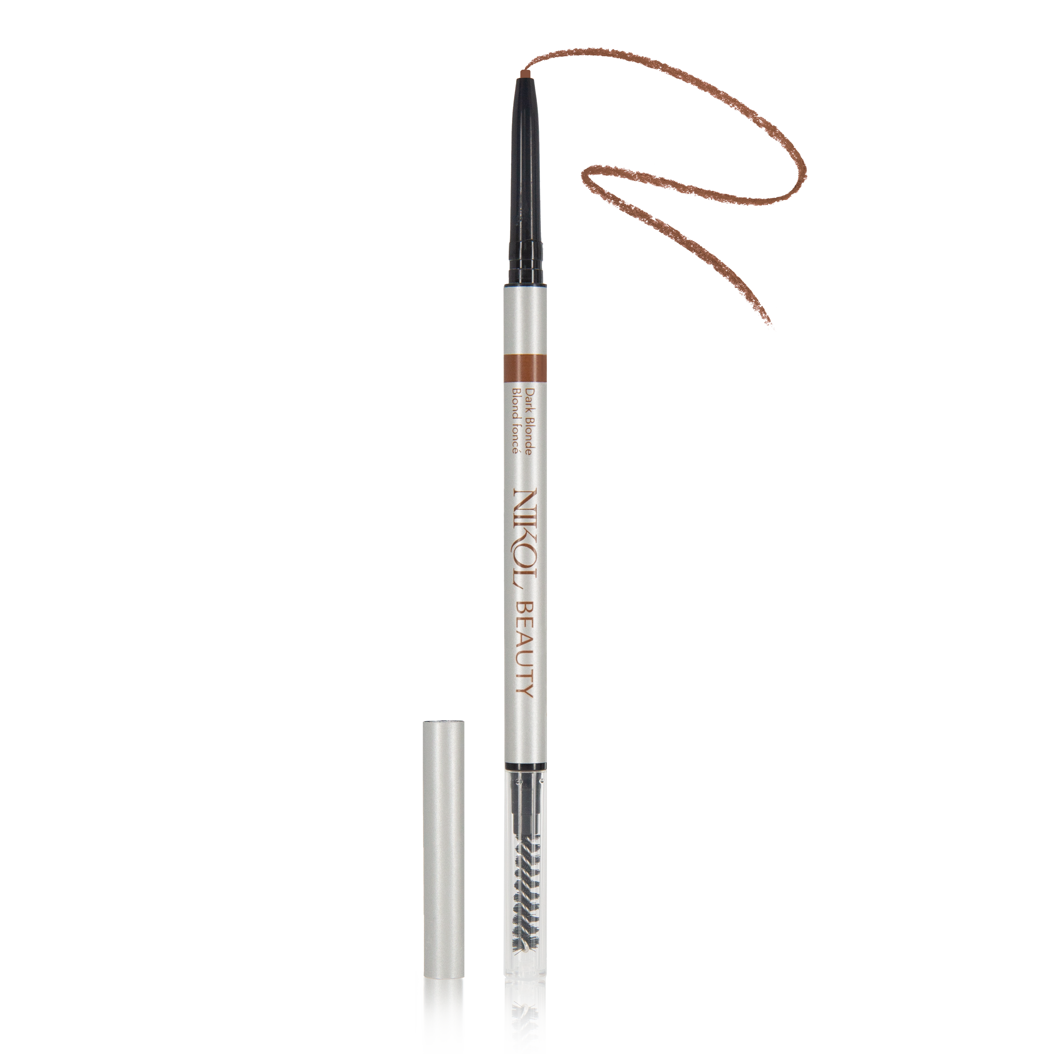 The Skinny Brow Pencil by Shopgalaxys features an ultra-smooth formulation tip exposed once the cap is removed. Below, a spoolie brush enhances brow definition. The brand name is prominently displayed alongside a wavy line indicating its brown color.