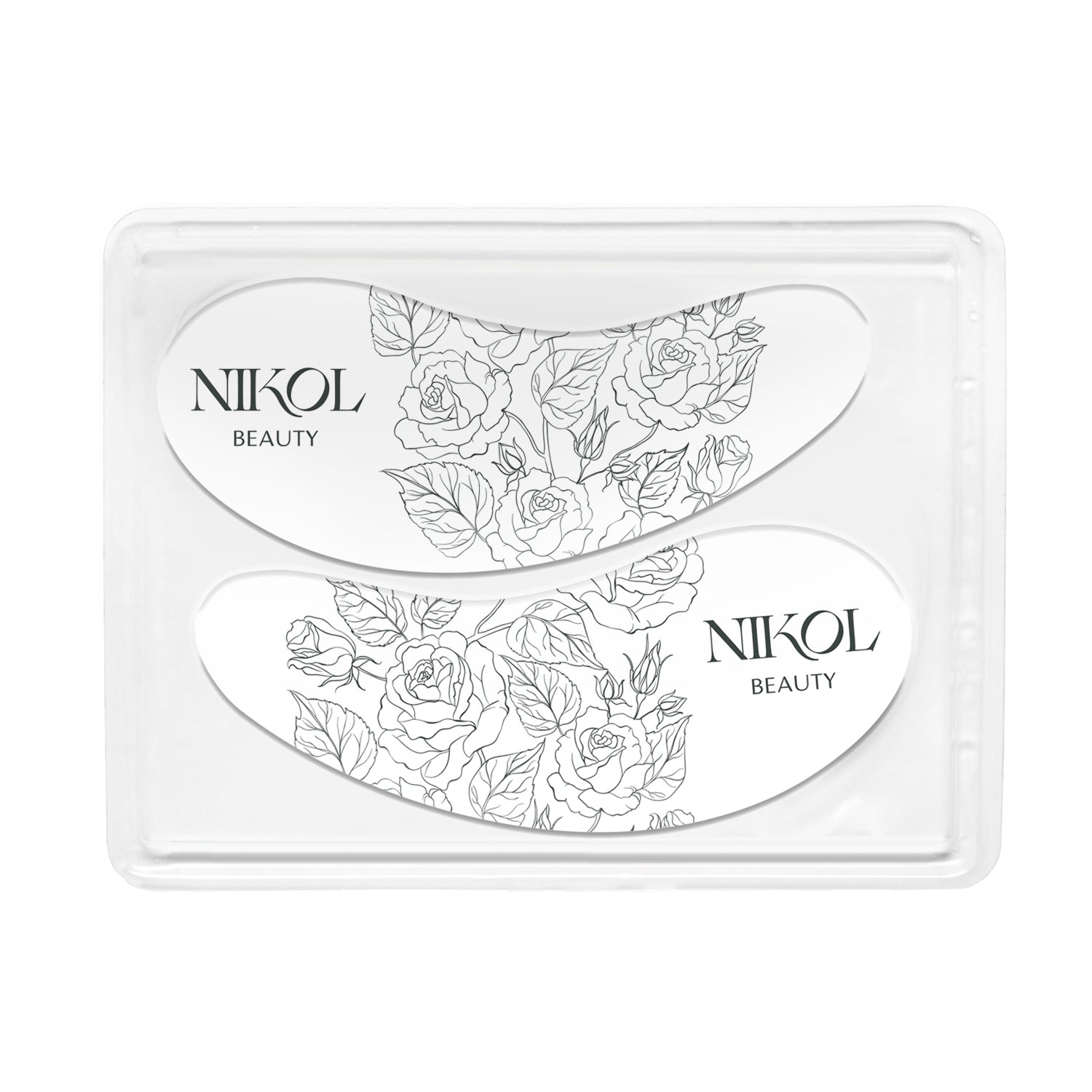 In a clear rectangular tray, These Bags Are Designer-Eye Mask by Shopgalaxys showcases two white eye masks with floral designs and branded text, perfect for enhancing your skincare routine against a pristine background.