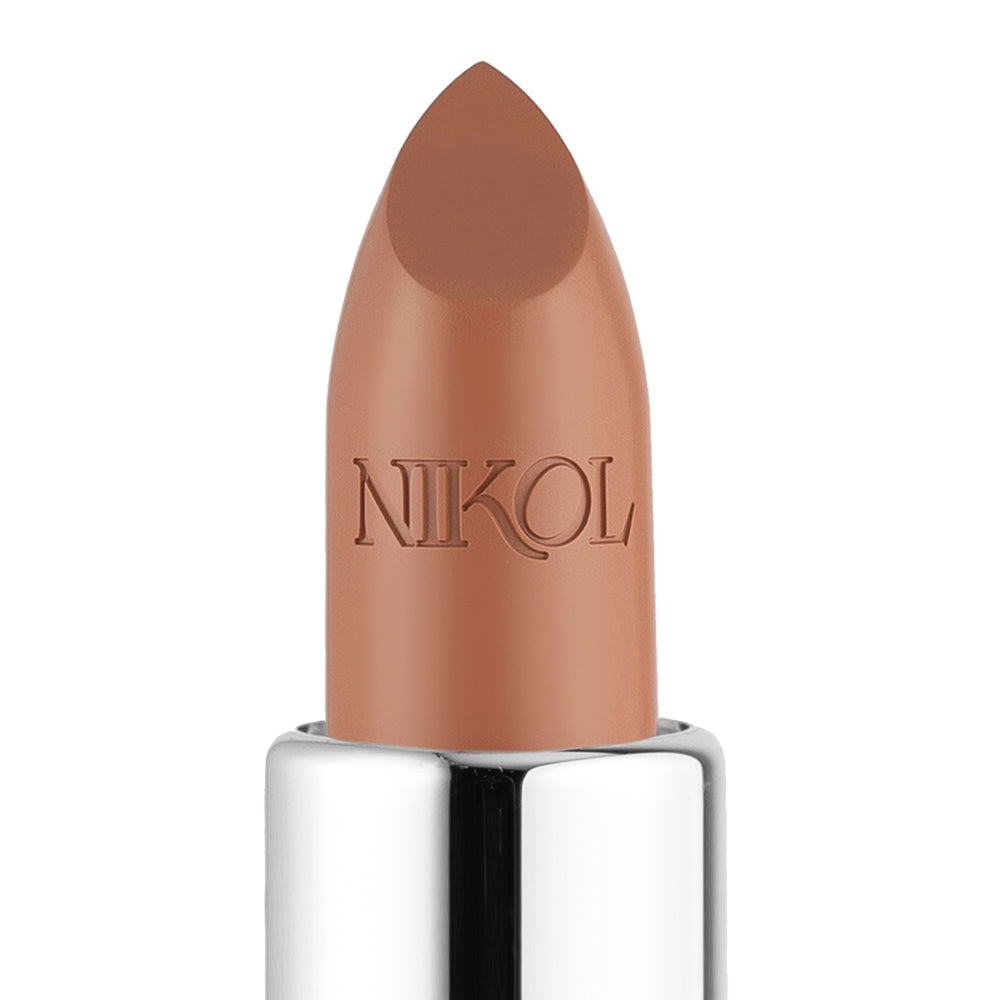A close-up of Shopgalaxyss Figure It Out Shiny Velvet Cream Lipstick #475 showcases its sleek silver casing. This hydrating warm nude lip color, featuring a sharply angled tip and engraved brand name, signifies its new.