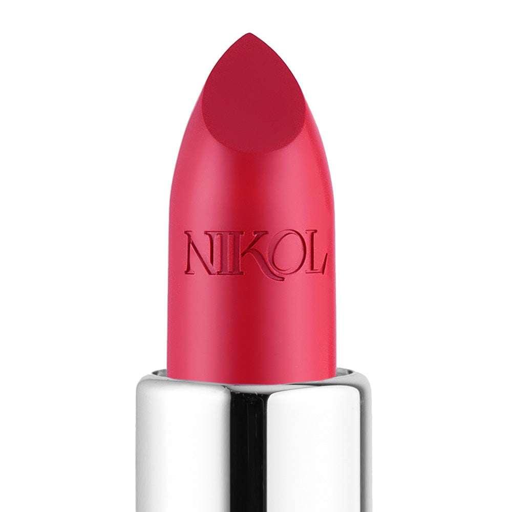 A close-up of the Fleur Shiny Velvet Cream Lipstick #34 by Shopgalaxys. The vegan formula lipstick has a smooth, pointed tip with NIKOL embossed on it and a shiny silver base, set against a plain white background.