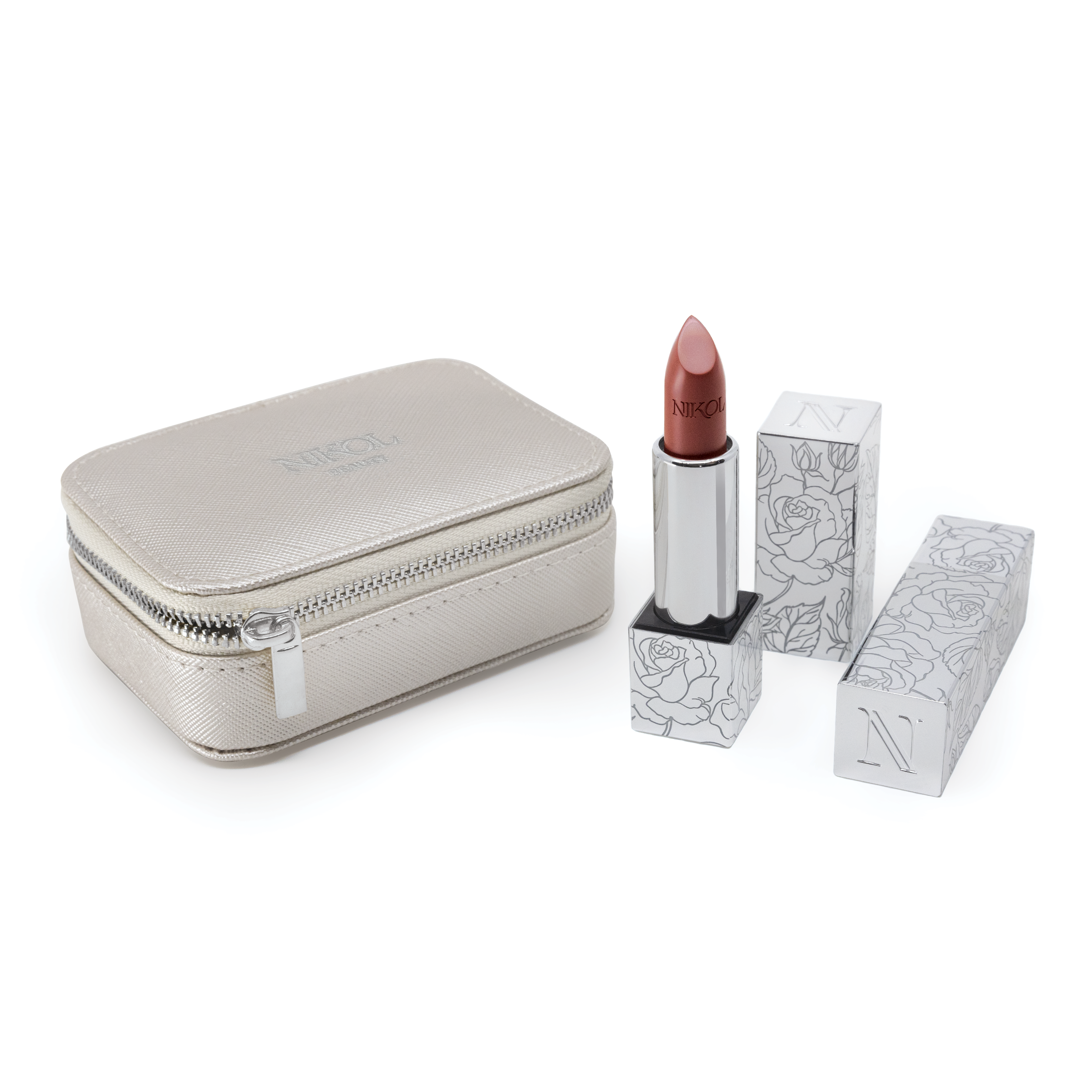 A vegan metallic makeup bag is next to a Shopgalaxys Lipstick Case with a rose-patterned silver design. The partially extended nude shade lipstick inside is ready to enhance any look.