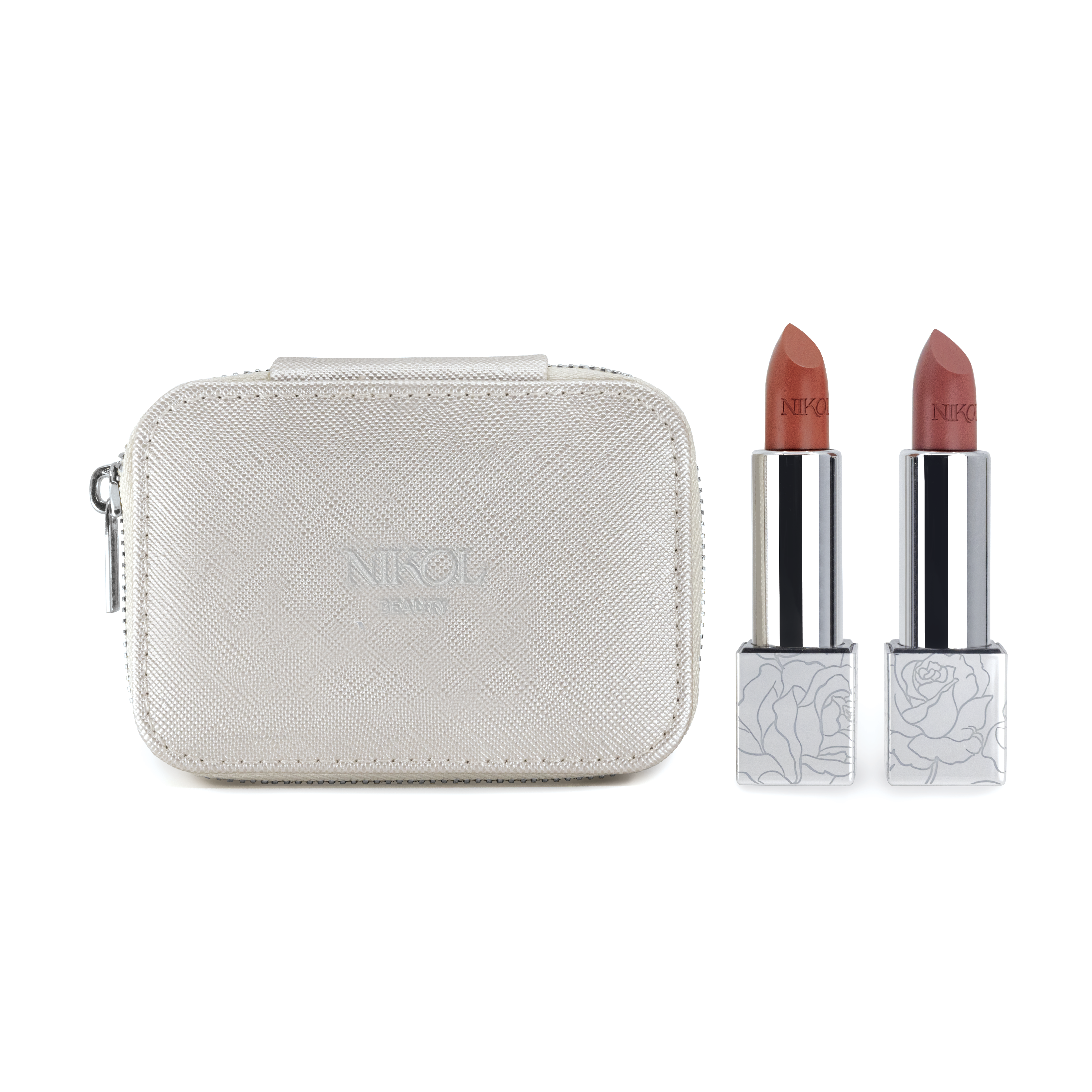 The Shopgalaxys Lipstick Case by Shopgalaxys features a metallic makeup case with a zipper, built-in mirror, and two nude shades of lipstick. The lipstick tubes have floral-patterned bases.