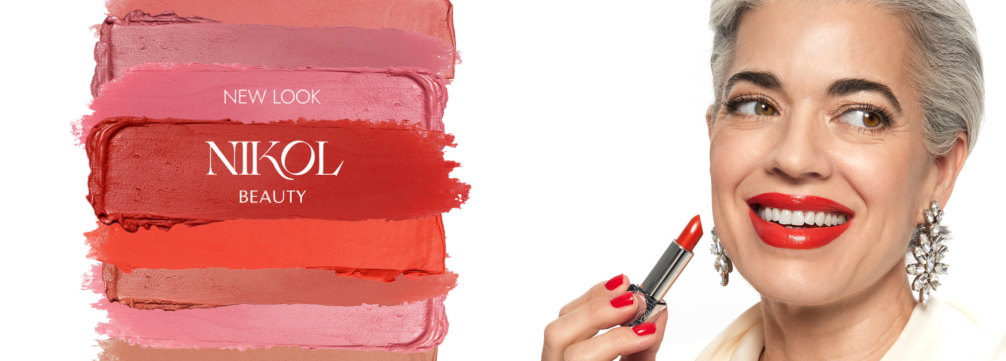 A smiling woman with gray hair, wearing red lipstick and large earrings, holds a lipstick. On the left, swatches of pink, nude, and red lipstick shades display the text “NEW LOOK Shopgalaxys.”.