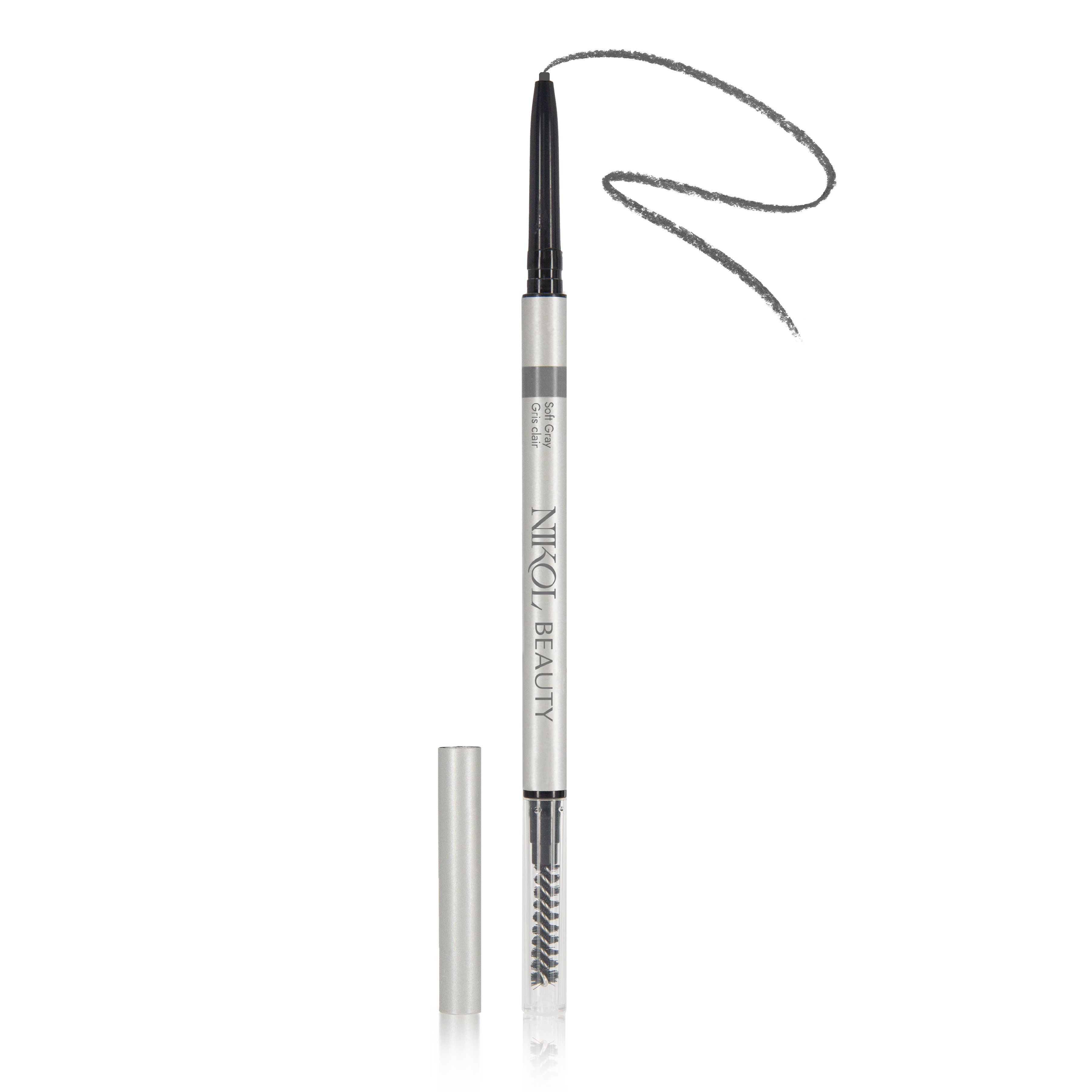 The Shopgalaxys Skinny Brow Pencil is displayed standing vertically with the cap removed, showcasing a fine-tip in silver and black for precise eyebrow definition. Its lower end features a spoolie brush perfect for achieving an ultra-smooth look.