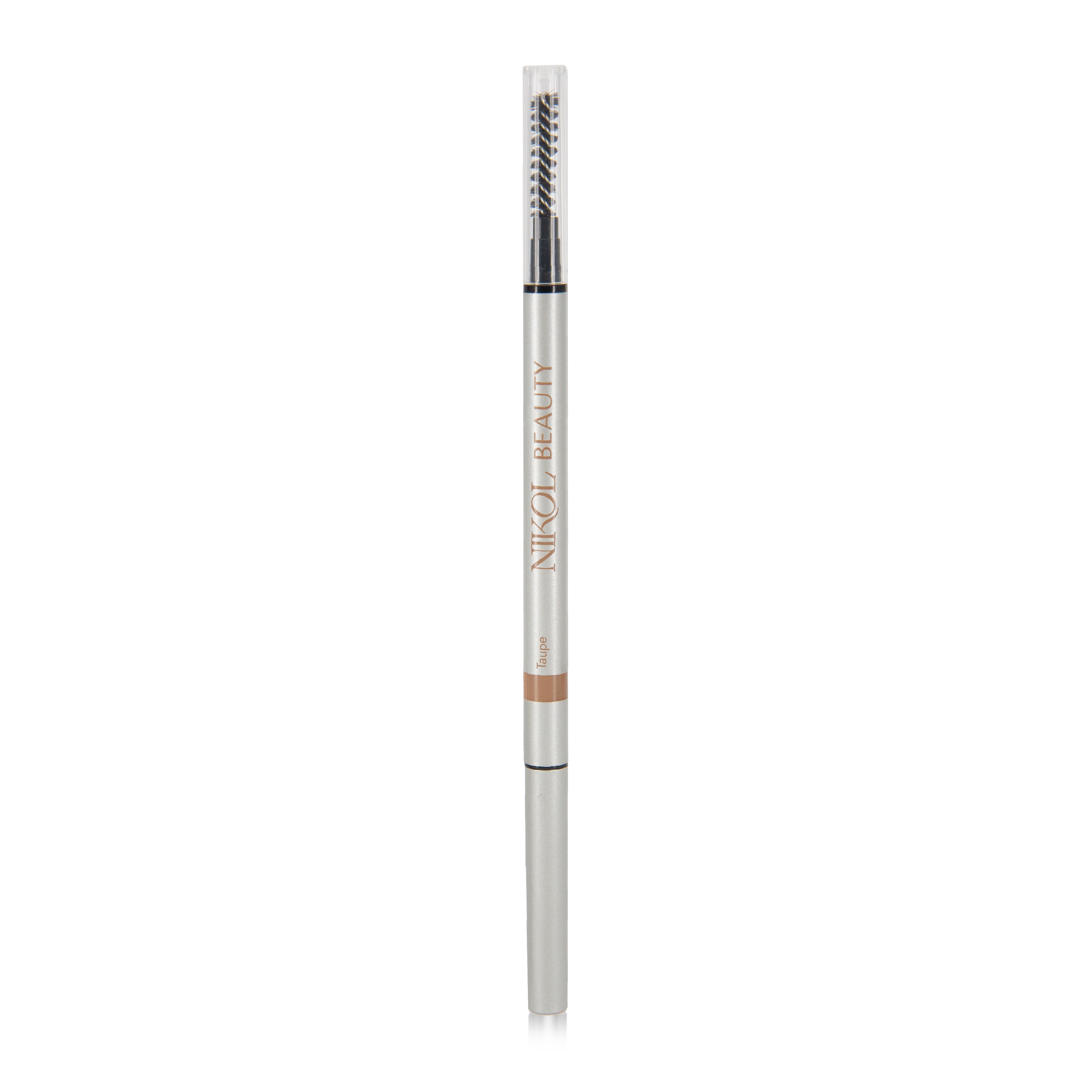 The Skinny Brow Pencil by Shopgalaxys is a sleek, silver precision brow tool with an ultra-smooth formula. It features a retractable tip and brow brush for definition, offering a beige color swatch called Taupe.