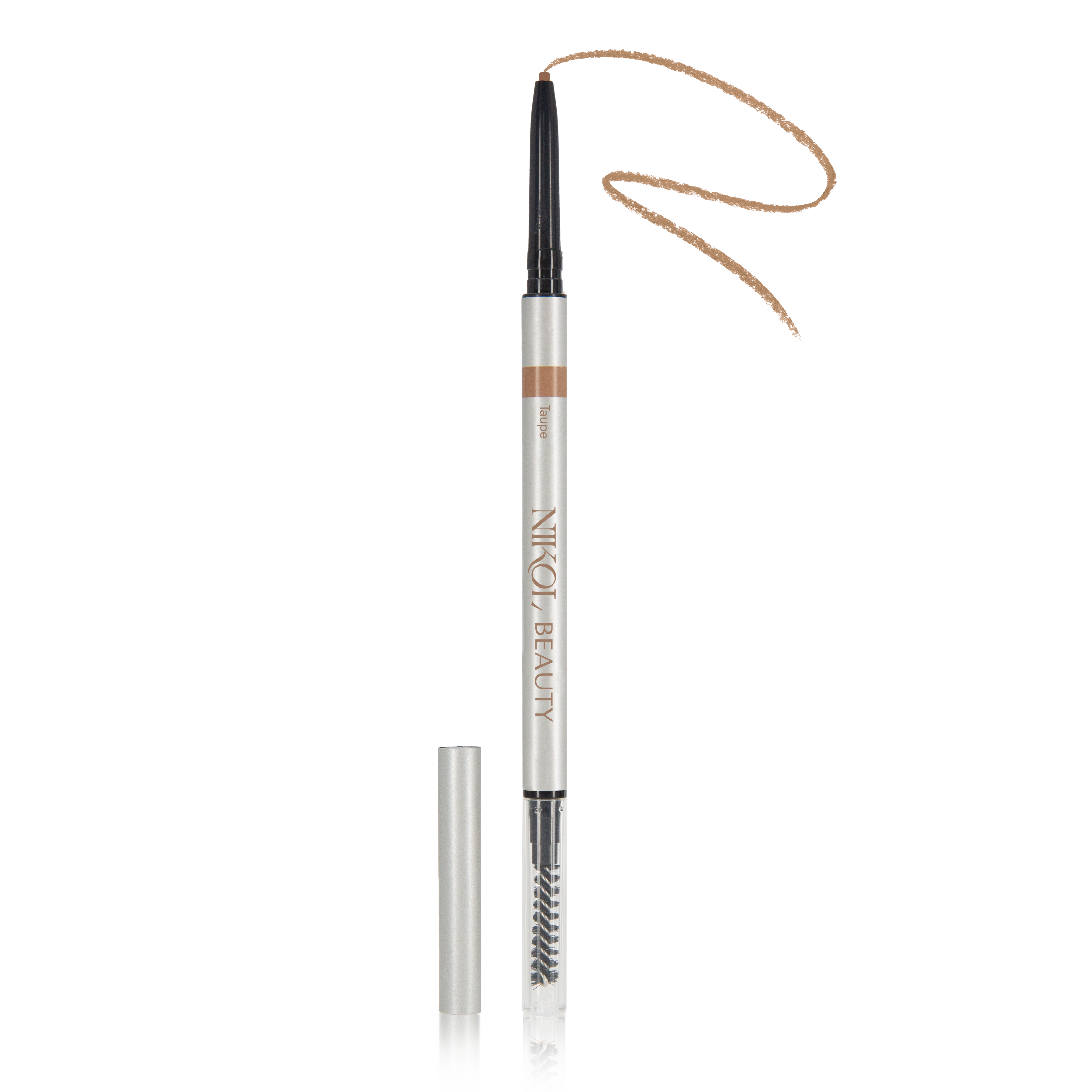 A white Skinny Brow Pencil by Shopgalaxys features a dark brown tip and matching streak. The cap is off, revealing an ultra-smooth formula and a spoolie brush at the other end.