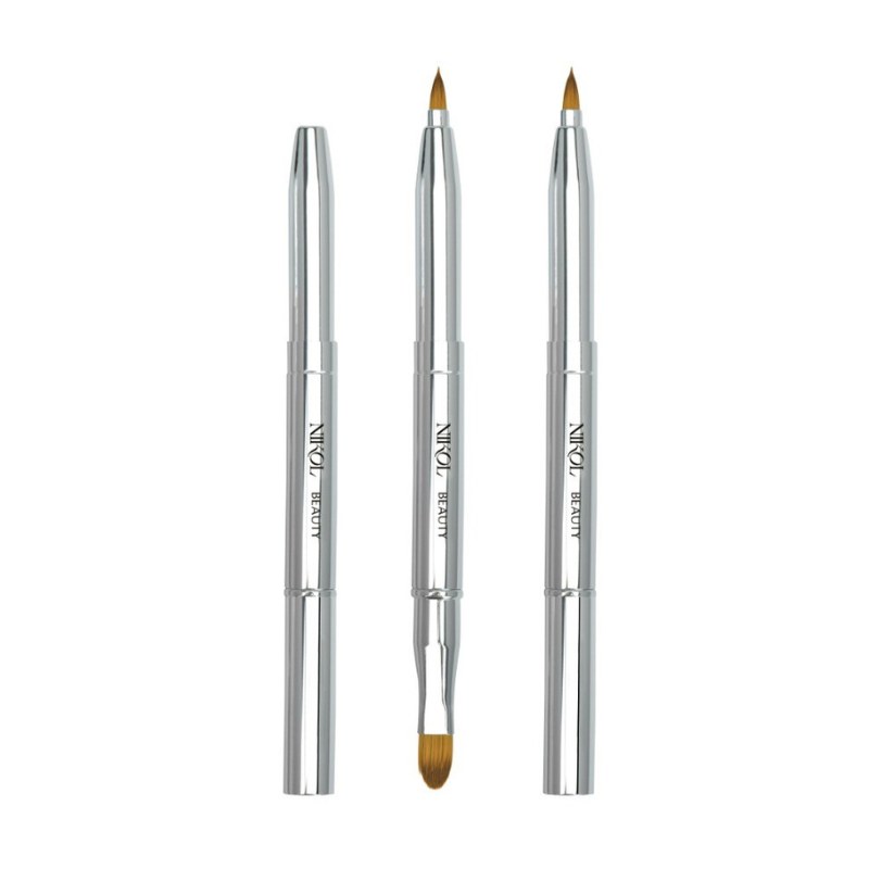 The Shopgalaxys Concealer/Lip Brush set includes three silver brushes with brown bristles, each vertically arranged and labeled. Their sleek metallic handles match the varied bristle shapes, ideal for precise application. With pointed and rounded tips, theyre perfect for any vegan makeup bag.