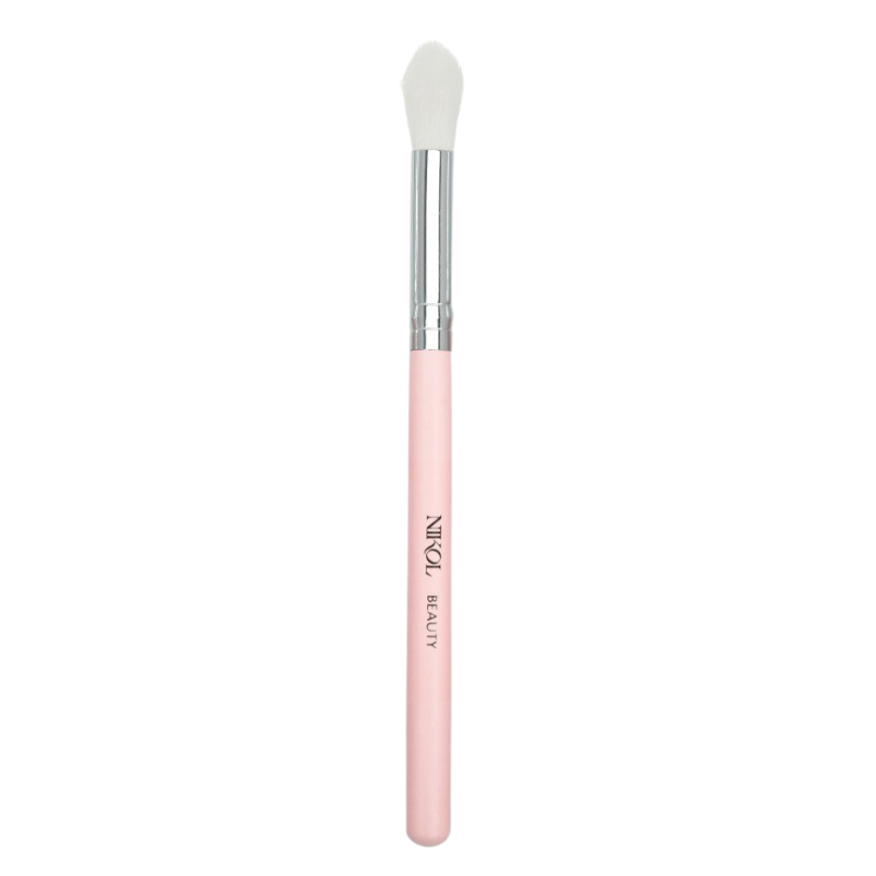 The Shopgalaxys Eyeshadow Blending Brush is a 100% vegan brush with soft white bristles, a light pink handle labeled Shopgalaxys, and a silver ferrule, elegantly isolated on a plain white background.