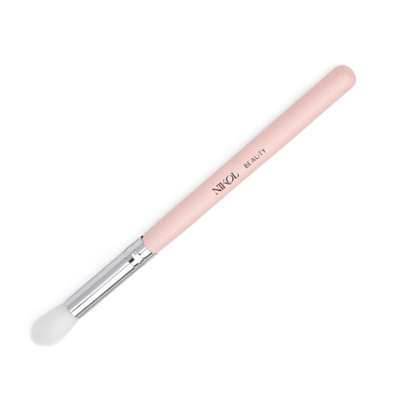 The Shopgalaxys Eyeshadow Blending Brush features a pink handle with Shopgalaxys inscribed, a silver ferrule, and soft white bristles ideal for mature eyes. Crafted from 100% vegan materials.